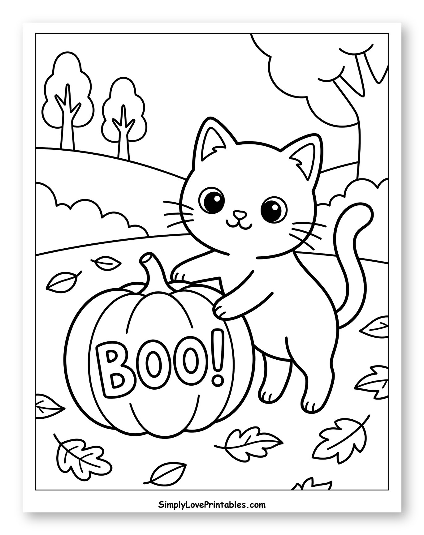 Kitten by a "BOO!" Pumpkin in Autumn Coloring Sheet for Kids