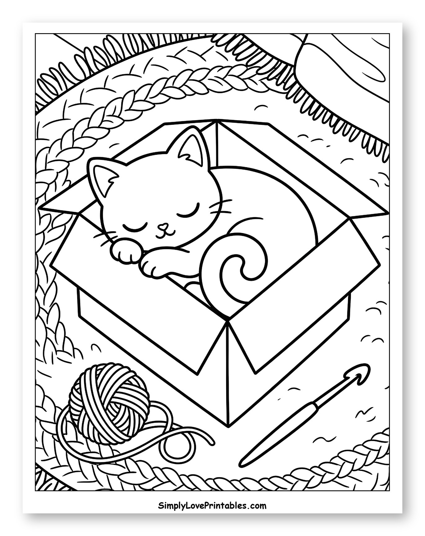 Kitten Napping in a Box with Crochet Supplies Coloring Page for Kids