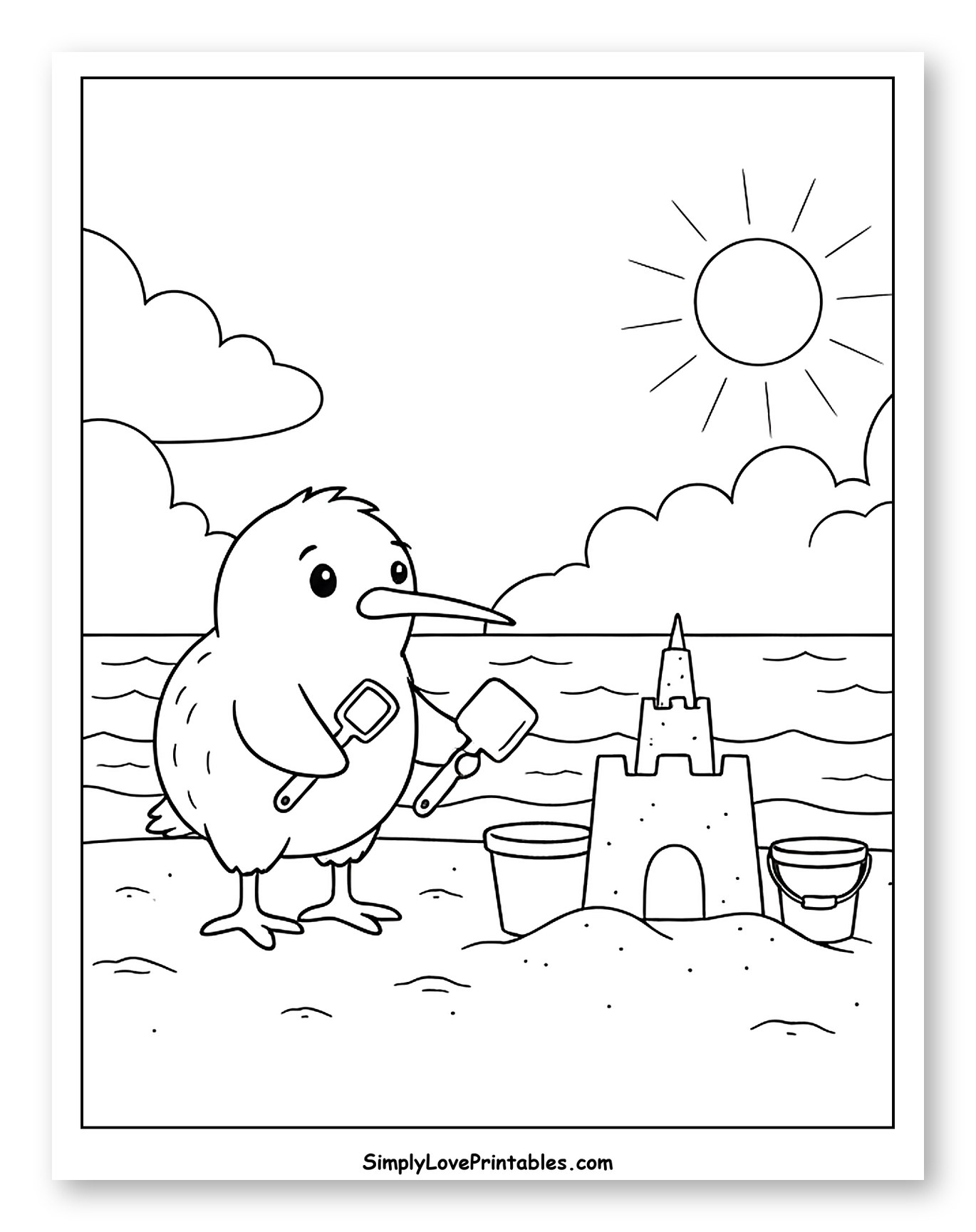Kiwi Bird Building Sandcastle at the Beach Coloring Page for Kids