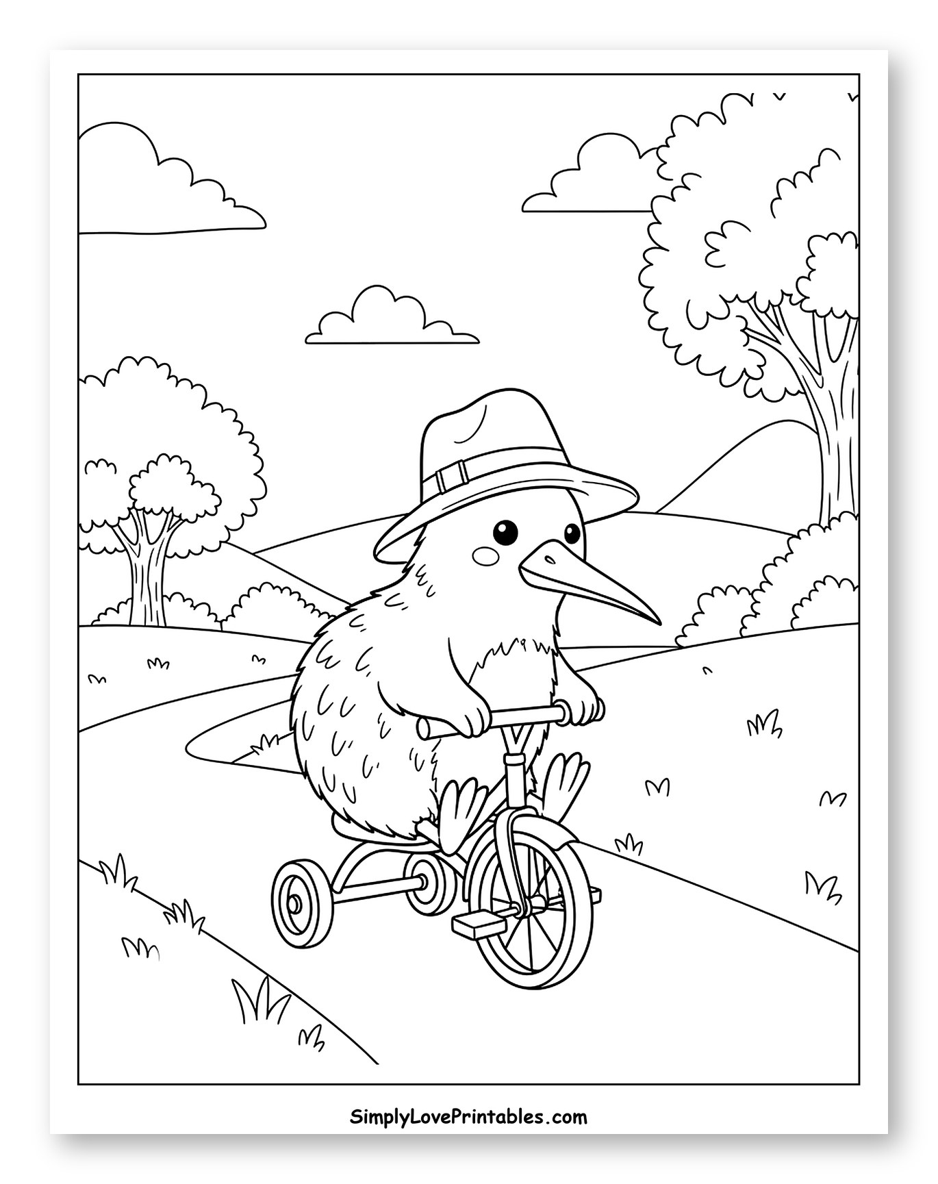 Kiwi Bird in a Hat on a Tricycle to Color for Kids
