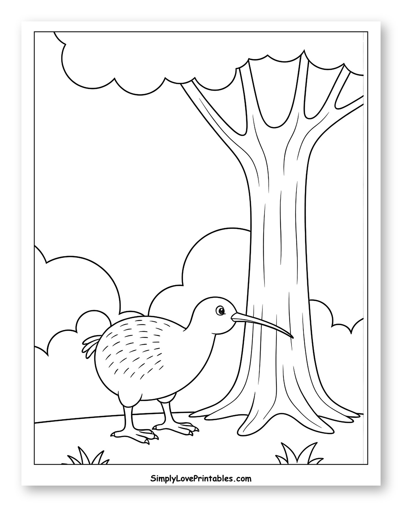 Kiwi Bird Next to a Tree Coloring Sheet for Toddlers