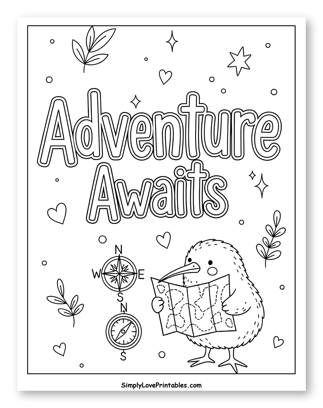 Kiwi Bird with Map and Adventure Awaits Coloring Page for Adults
