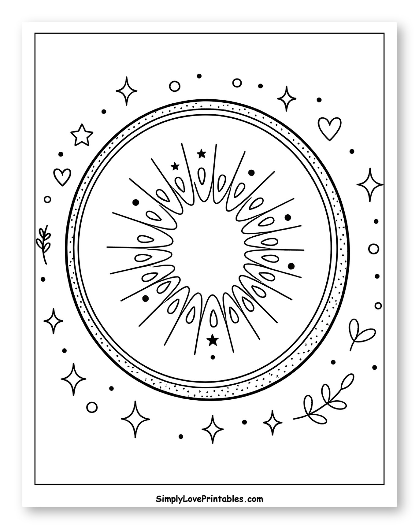 Kiwi Slice with Magical Sparkles and Leaves to Color for Adults