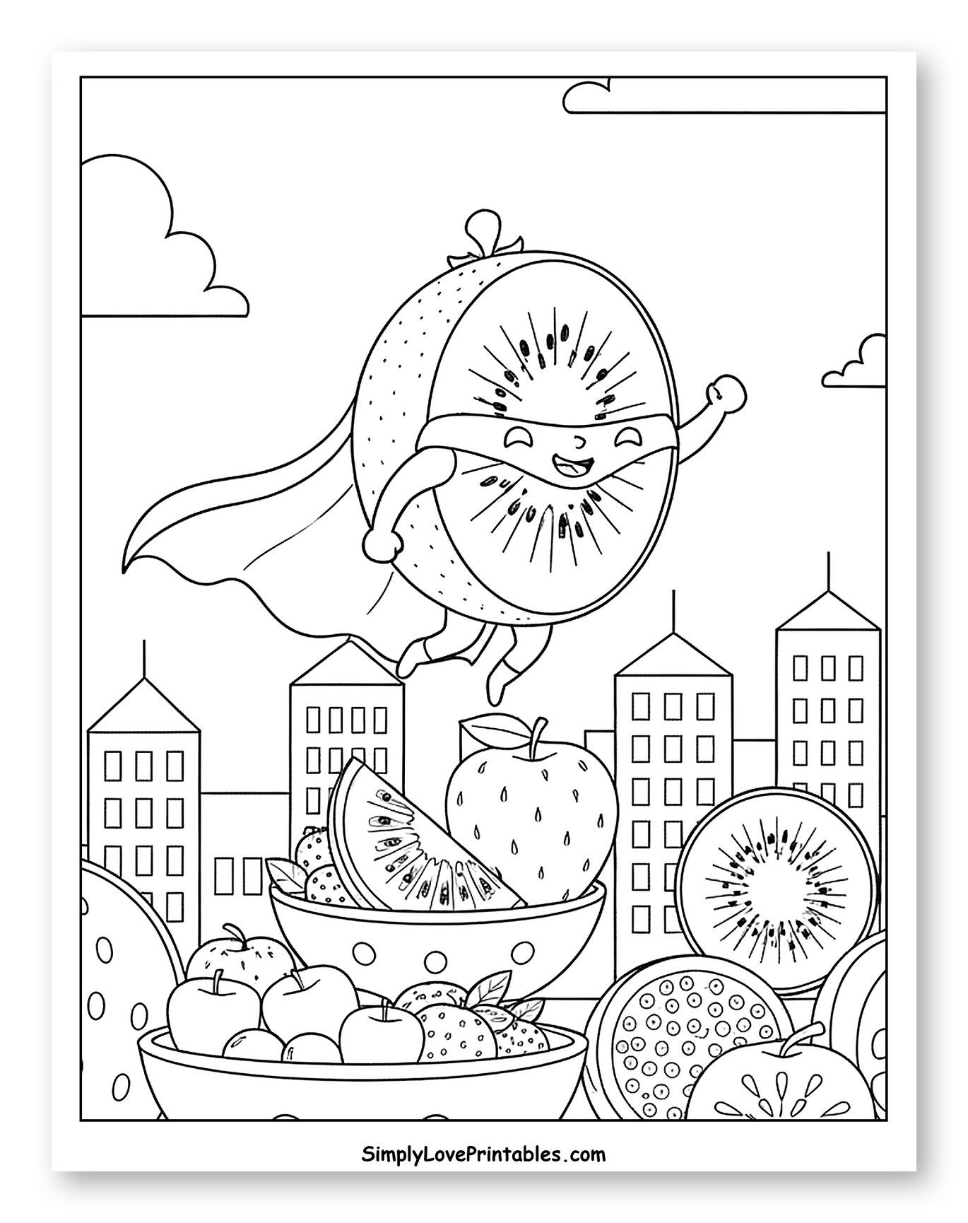 Kiwi Superhero Soars Above City and Fruit Coloring Sheet for Kids