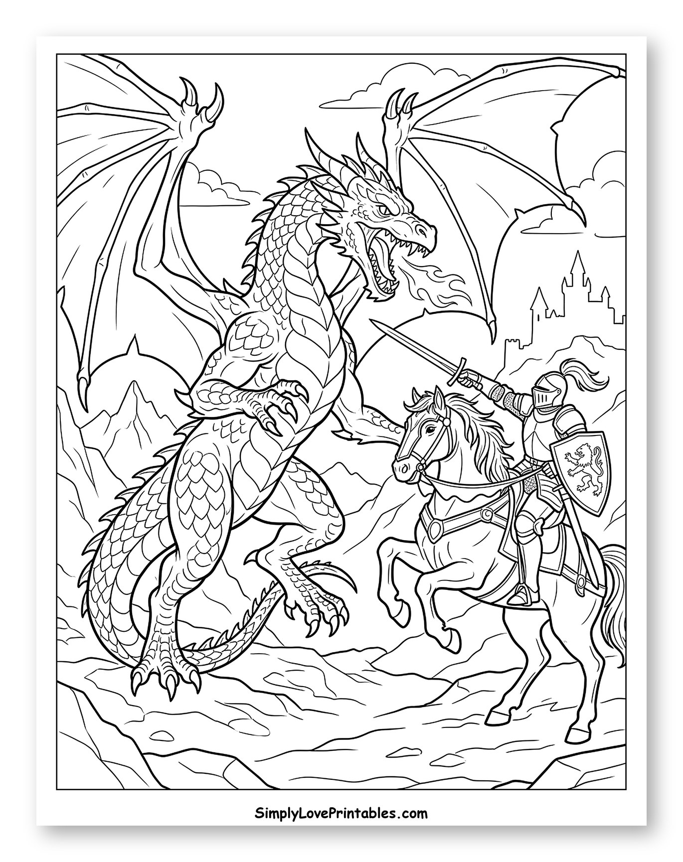 Knight on Horseback Battles Fire-Breathing Dragon Coloring Sheet