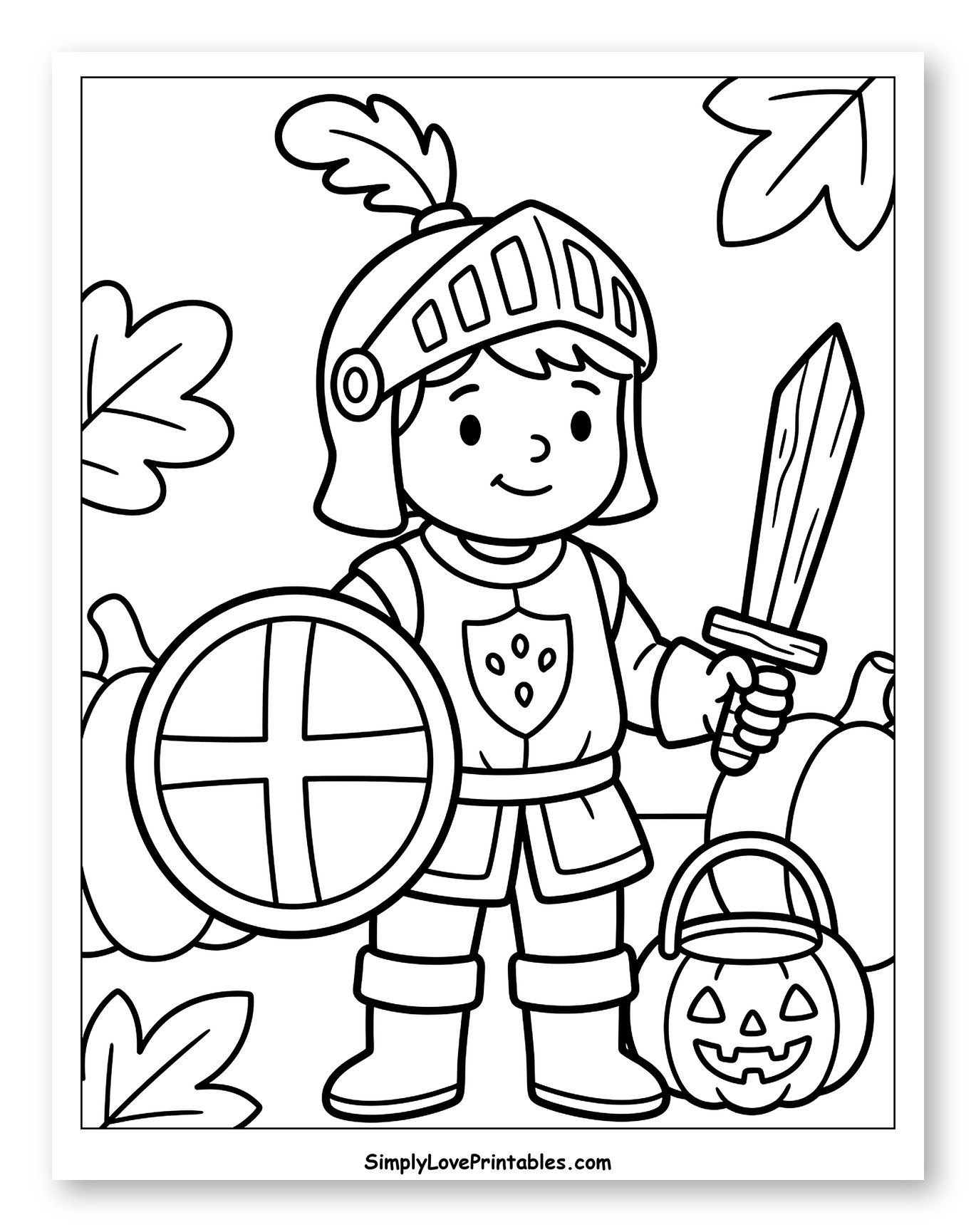 Knight with Pumpkins and Autumn Leaves Coloring Page for Toddlers