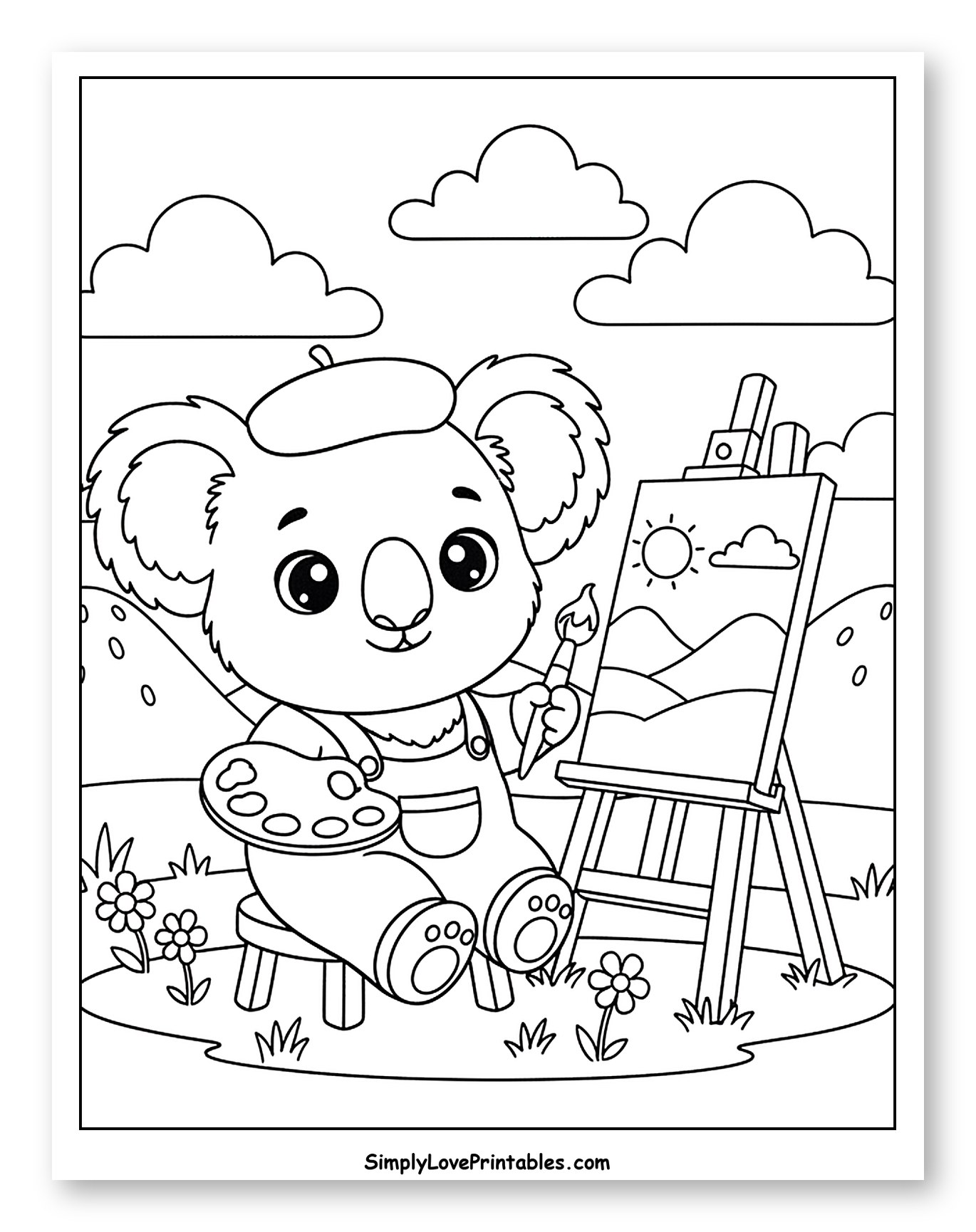 Koala Artist Painting a Scenic Landscape Coloring Sheet for Kids
