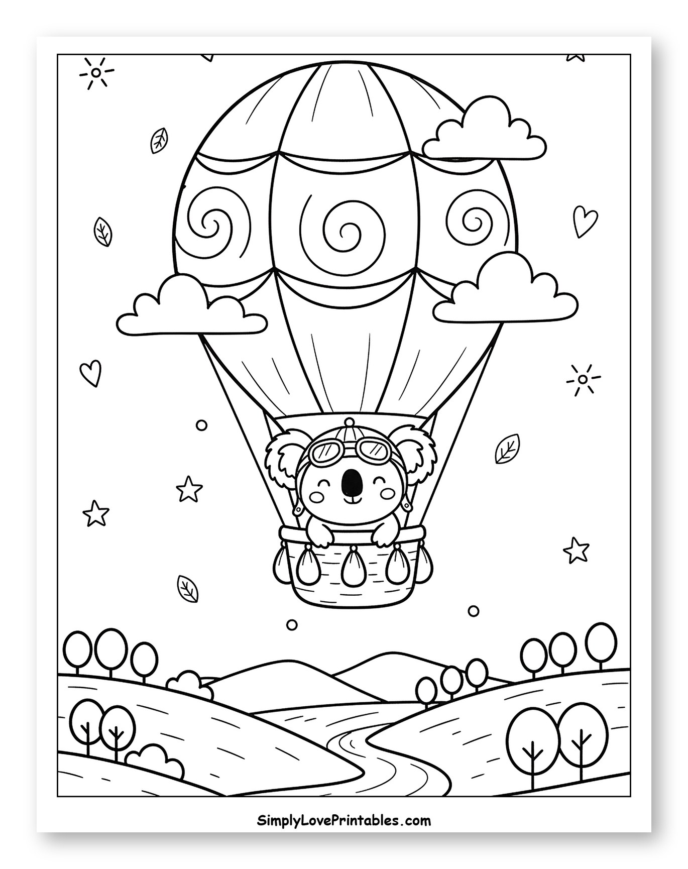Koala in Hot Air Balloon Over Landscape
