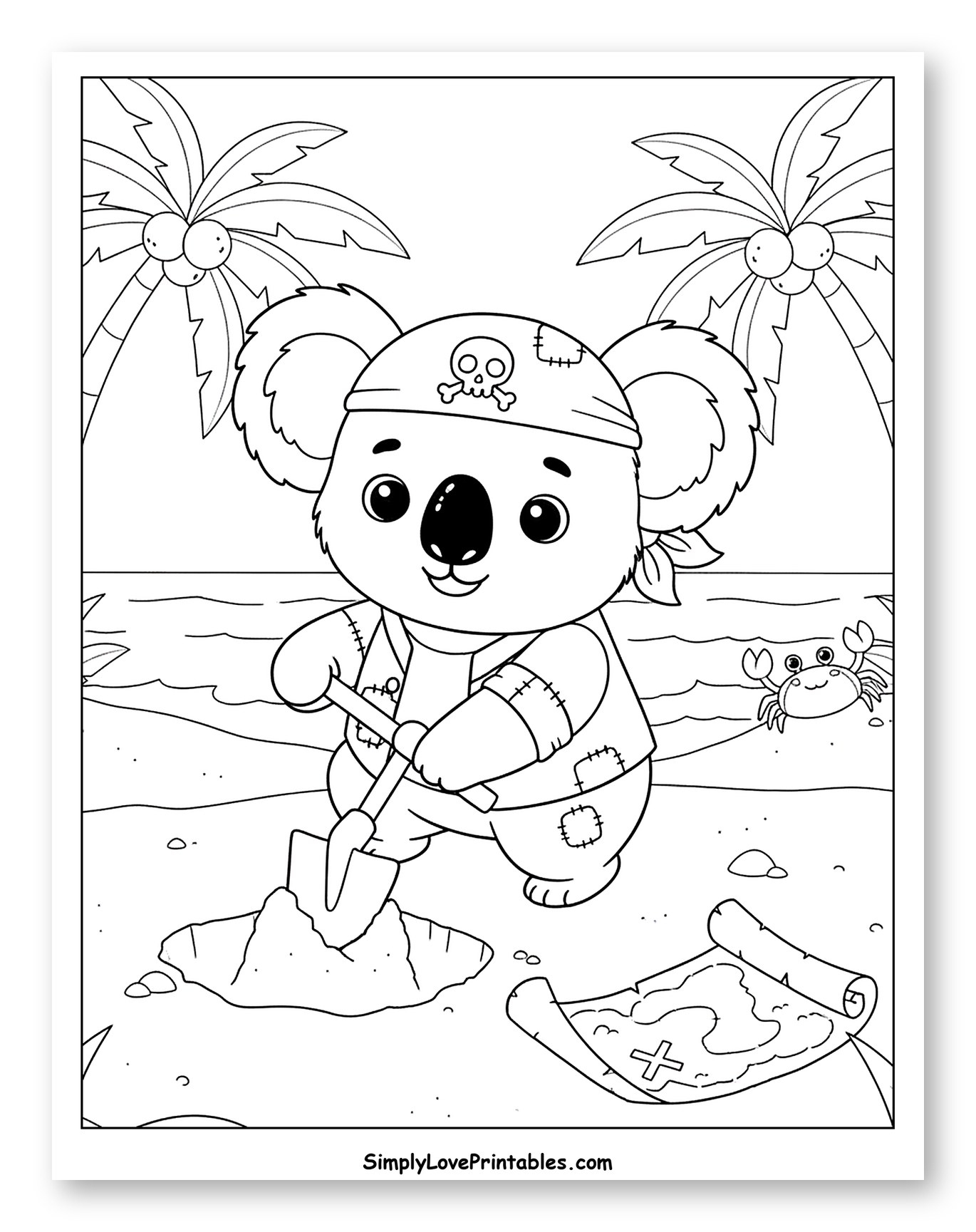 Koala Pirate Digging for Treasure on Beach