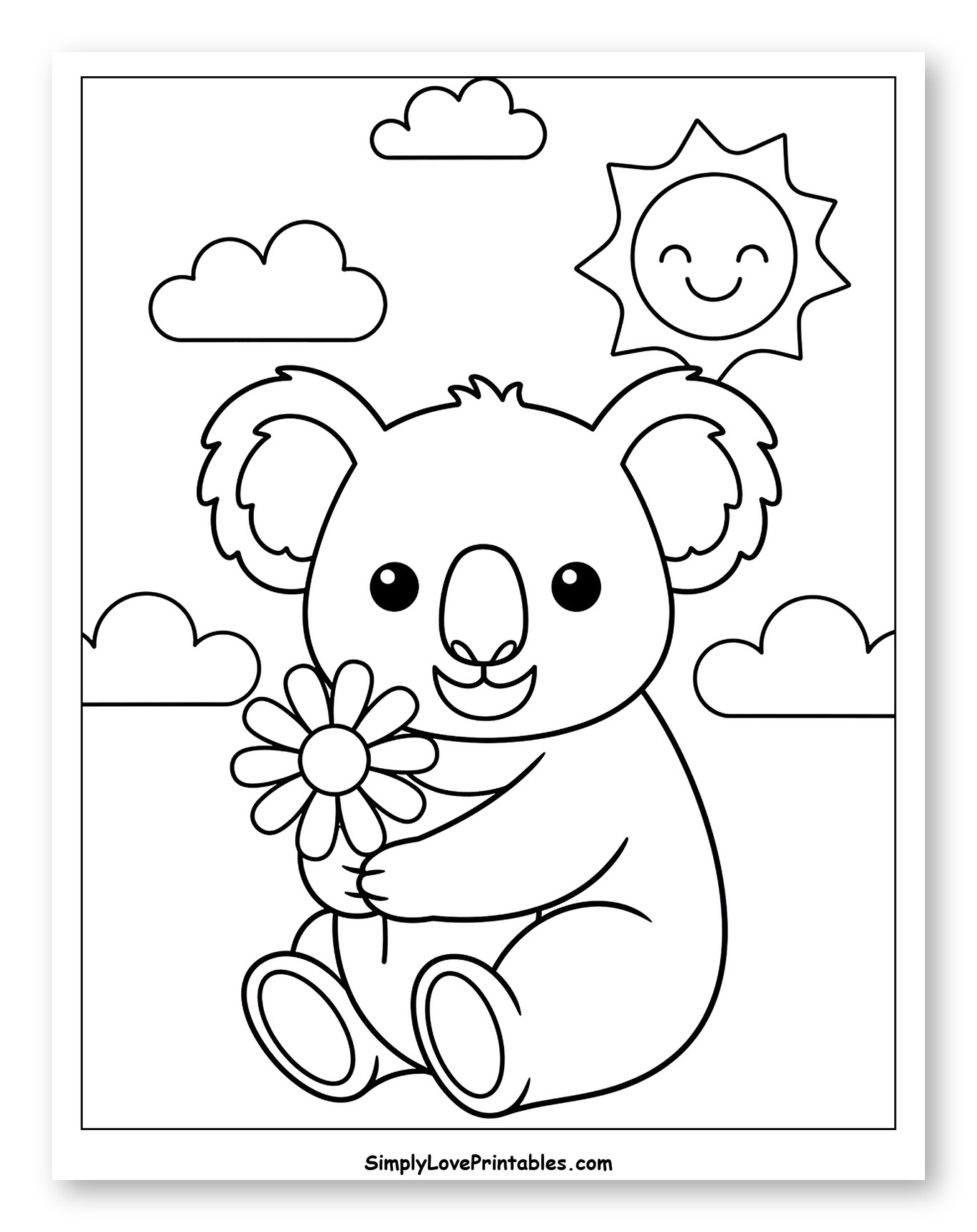 Koala with Flower Under Smiling Sun to Color for Toddlers