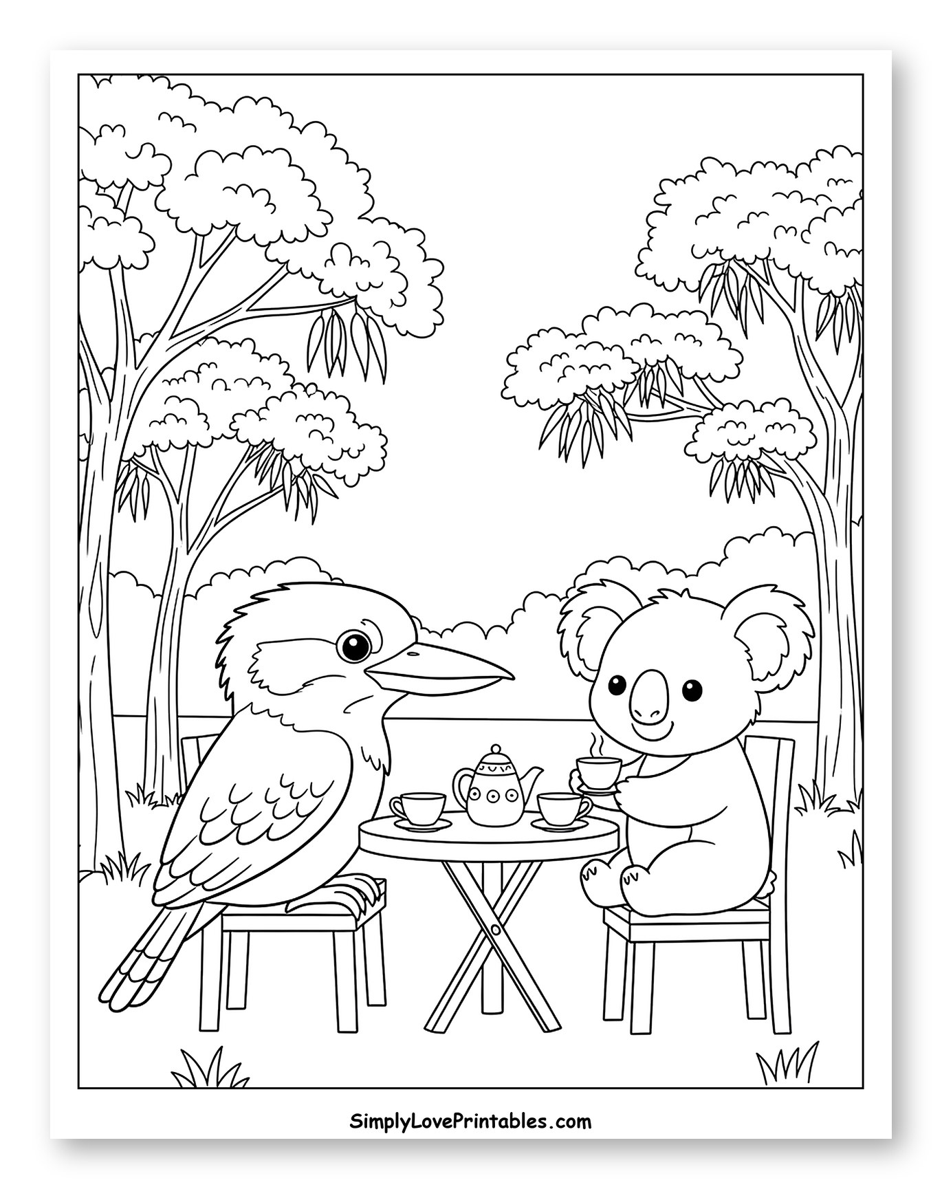 Kookaburra and Koala Having a Tea Party Coloring Page for Kids