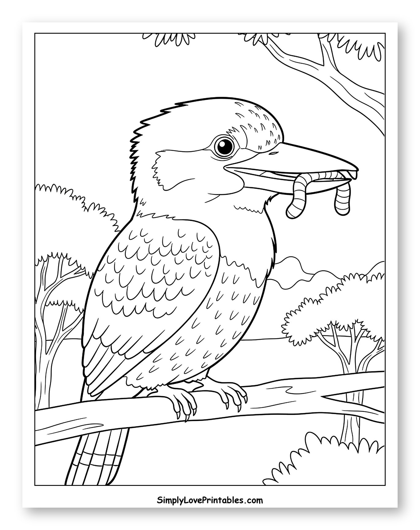 Kookaburra Bird Perched on Branch with Worms Coloring Sheet for Toddlers