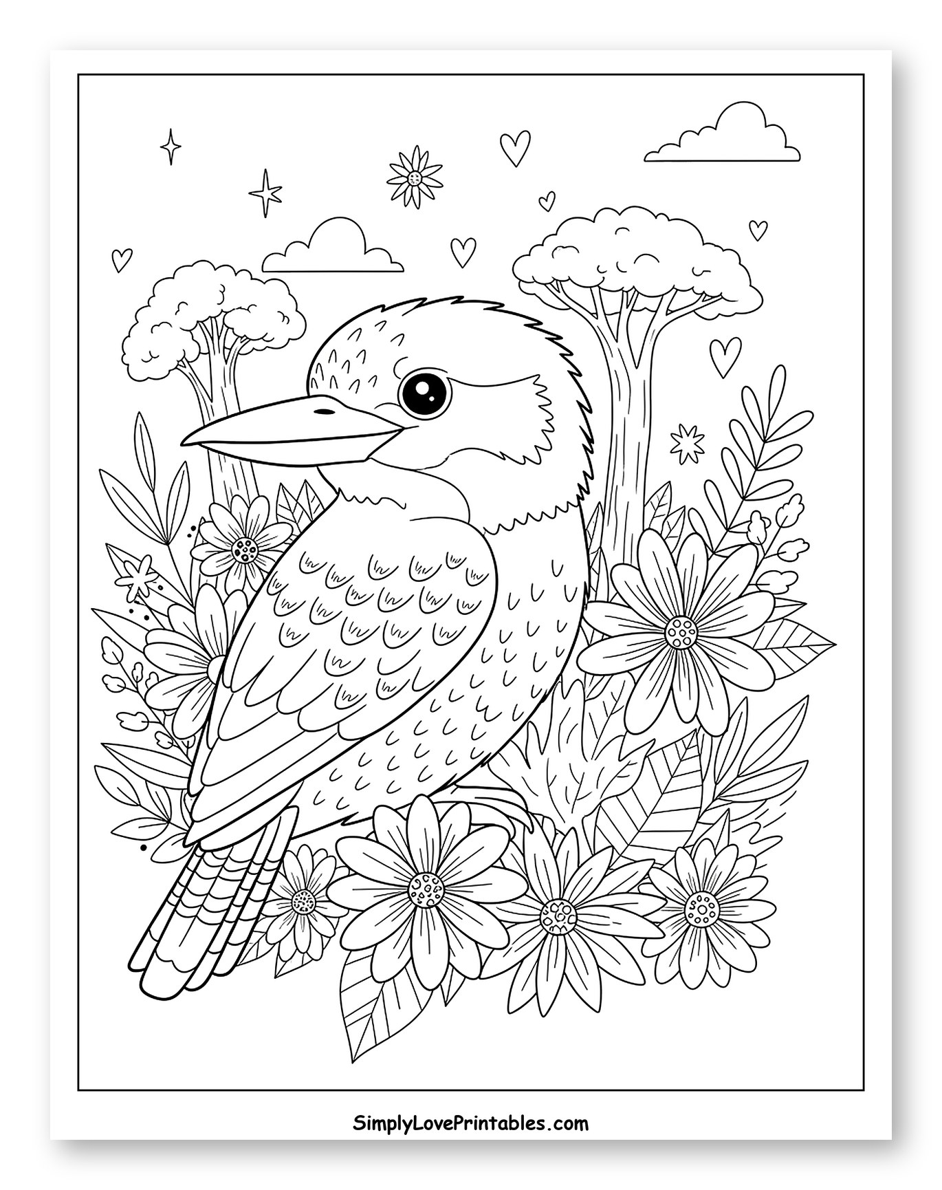 Kookaburra Bird Surrounded by Flowers and Trees to Color for Adults