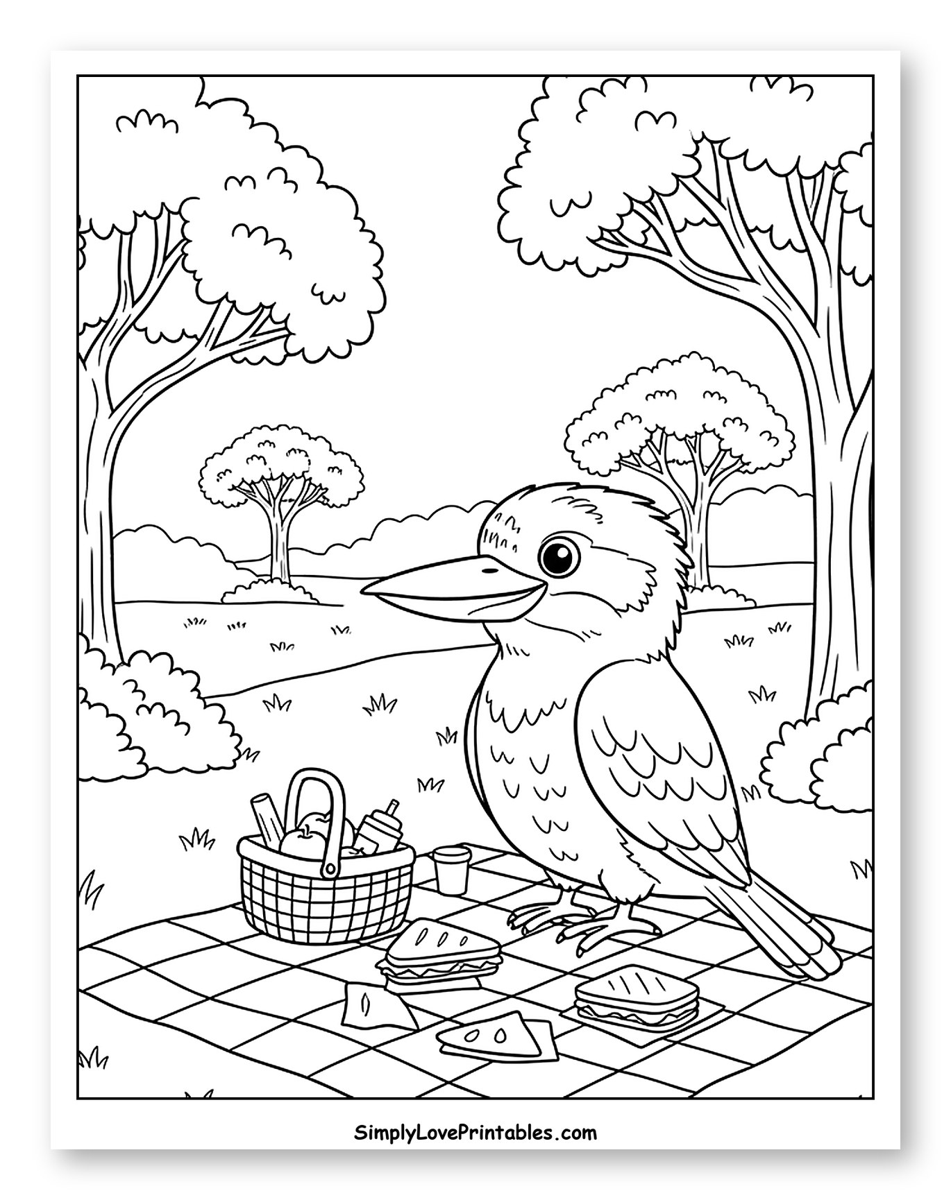 Kookaburra Enjoying a Picnic Outdoors to Color for Kids