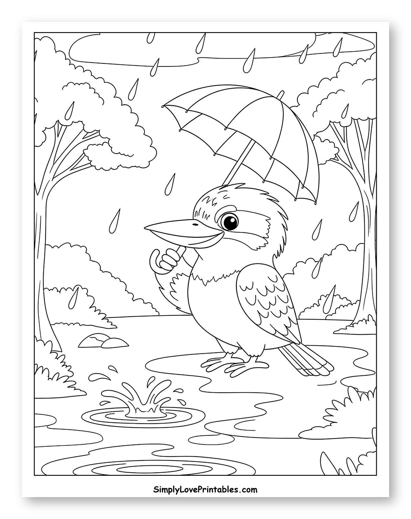 Kookaburra Holding an Umbrella in the Rain Coloring Page for Kids