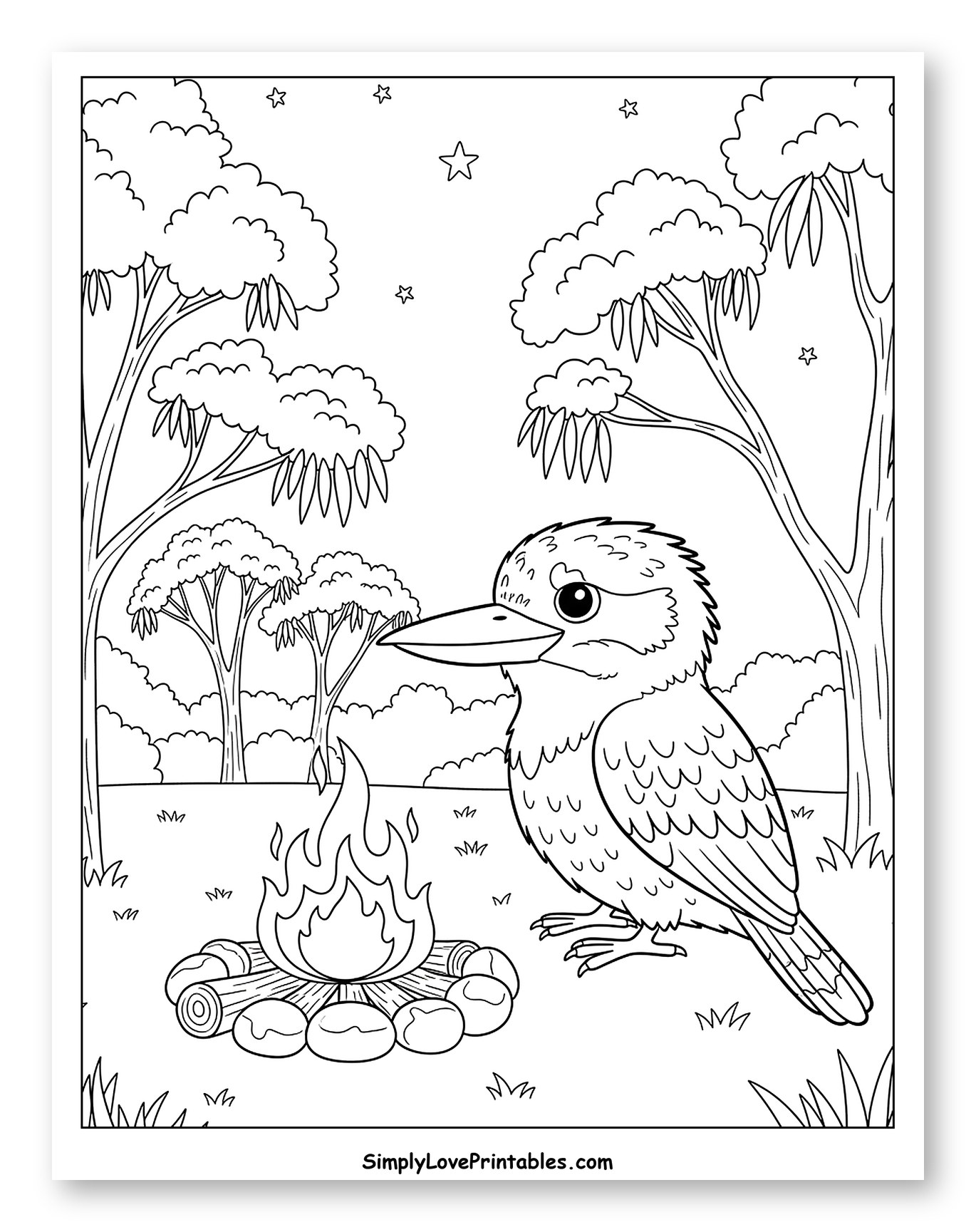 Kookaburra Next to a Campfire Under Stars