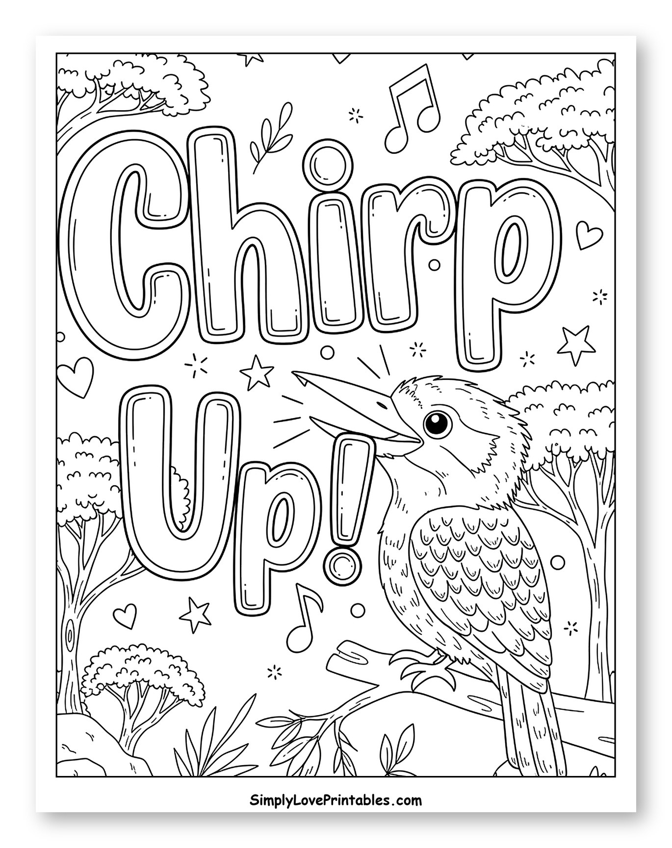 Kookaburra on a Branch with Chirp Up Text