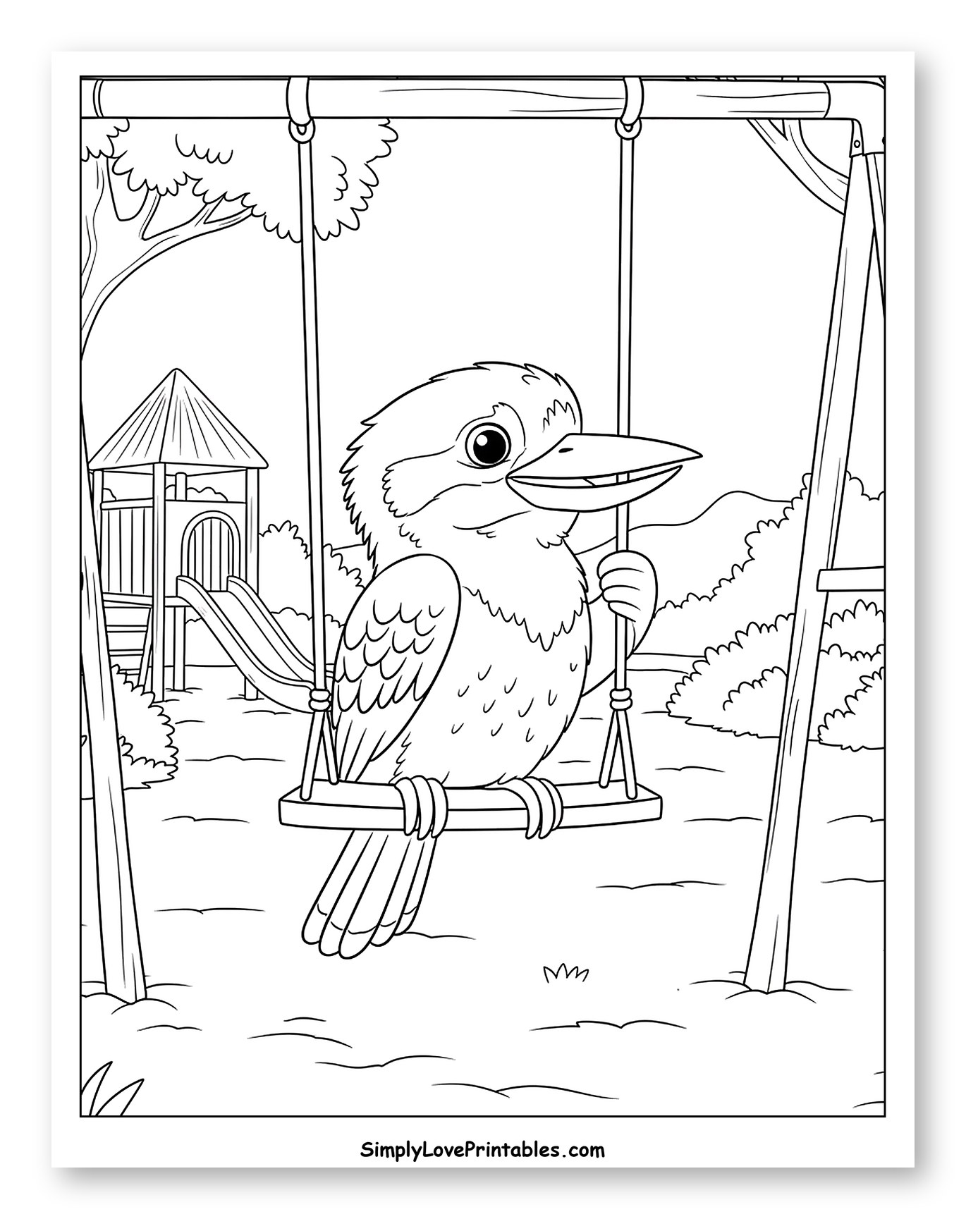 Kookaburra on a Swing at the Playground Coloring Sheet for Kids