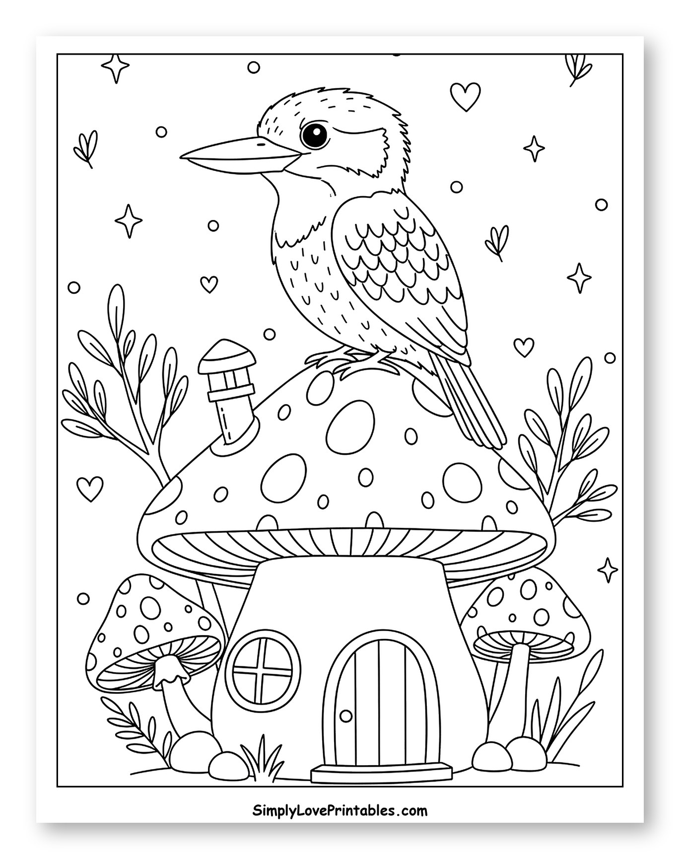 Kookaburra on a Whimsical Mushroom House Coloring Page for Adults