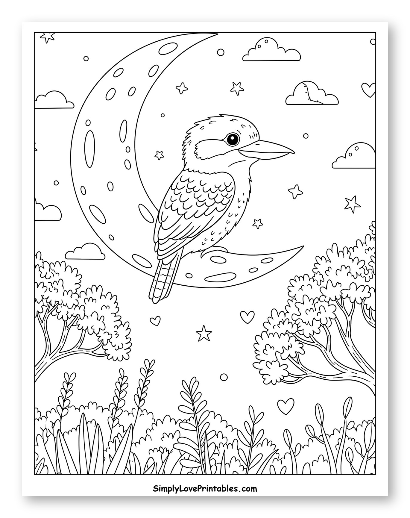 Kookaburra on Crescent Moon in Forest
