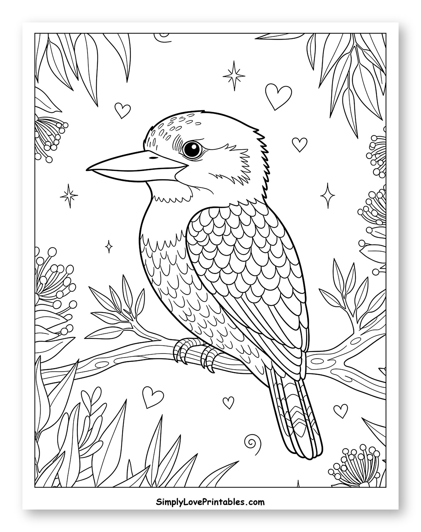 Kookaburra Perched Among Eucalyptus and Hearts
