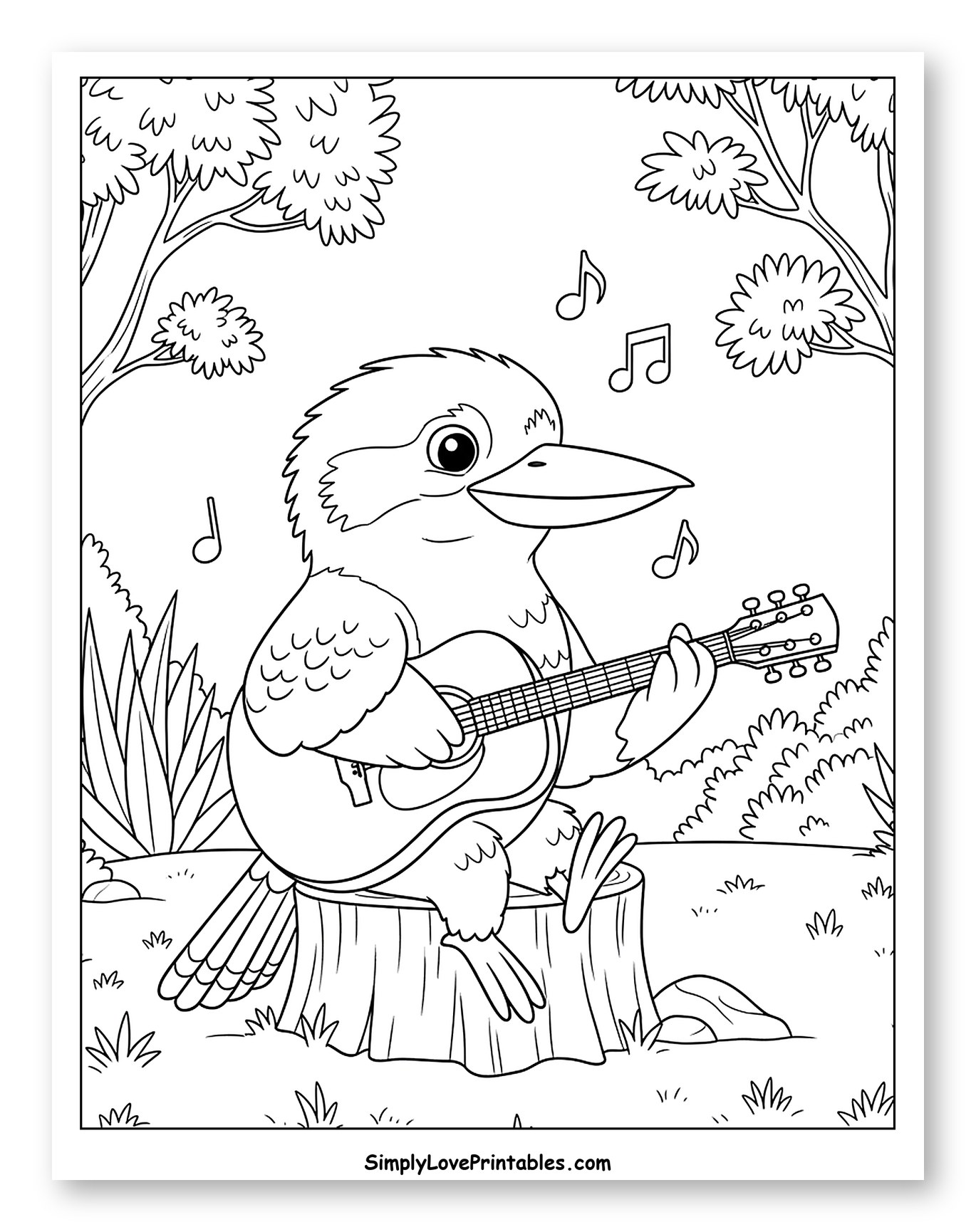 Kookaburra Playing Guitar on Tree Stump