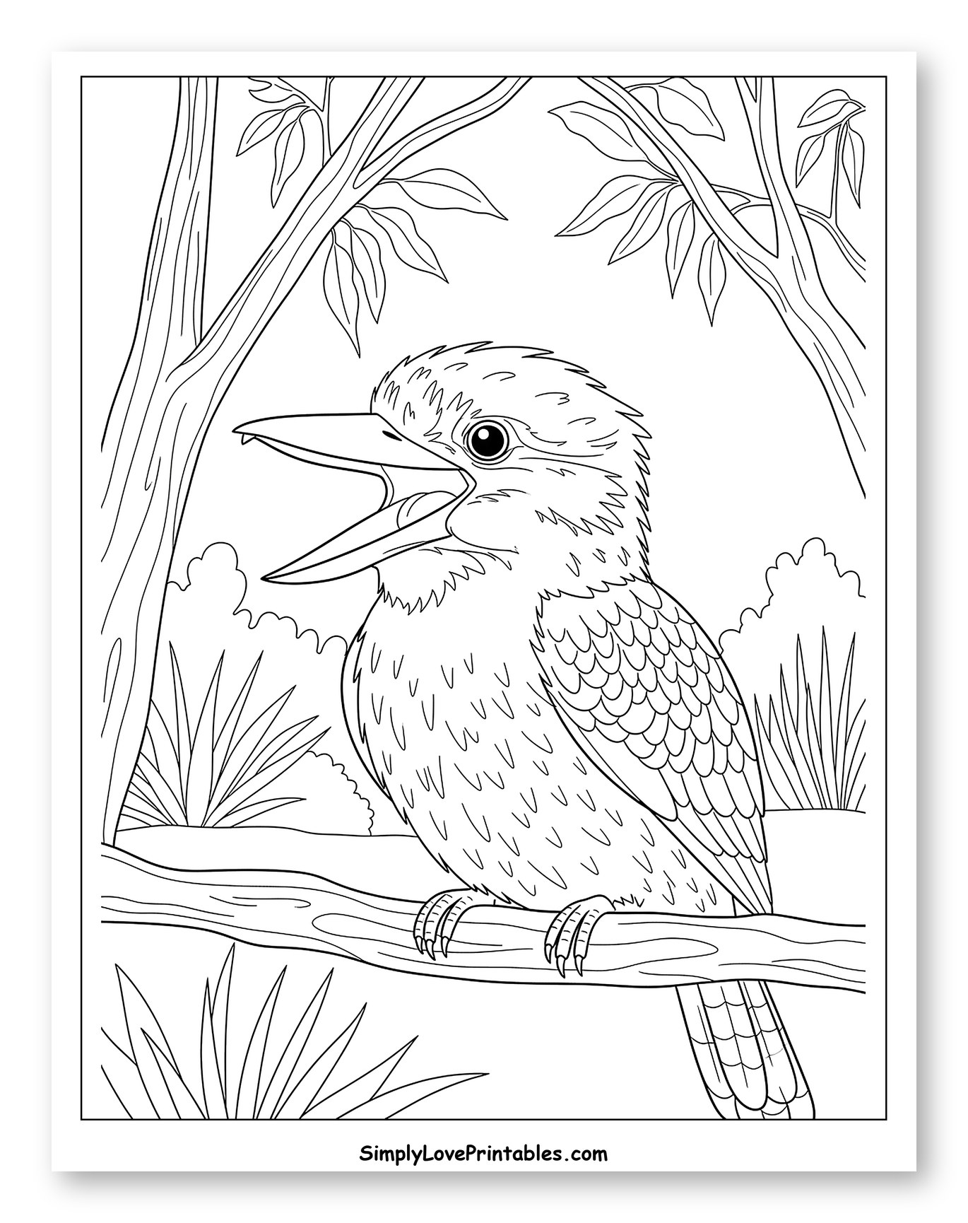 Kookaburra Sitting on a Branch with Open Beak Coloring Page for Toddlers