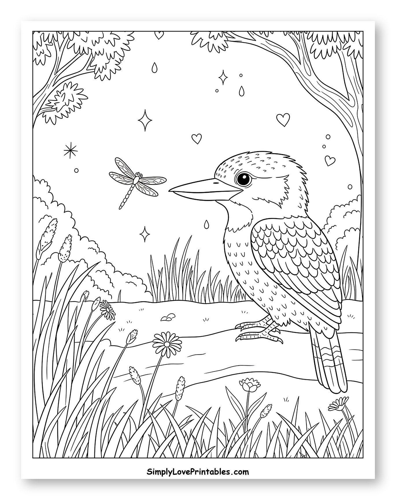 Kookaburra Watching a Dragonfly by a Pond to Color for Adults