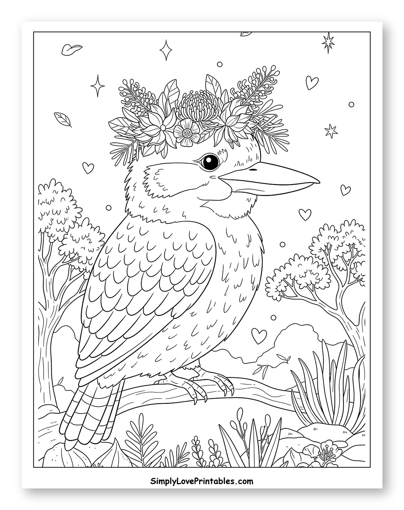 Kookaburra with a Floral Crown on a Branch Coloring Sheet for Adults