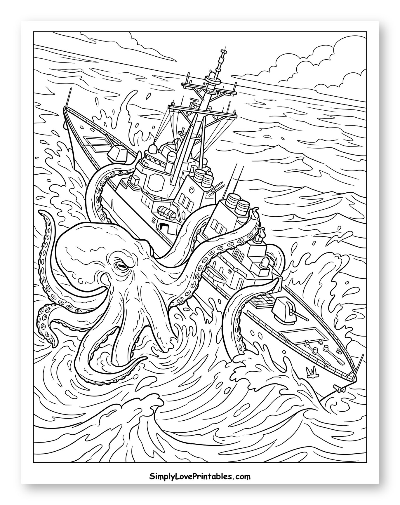 Kraken Attacking a Warship in Rough Seas Coloring Sheet