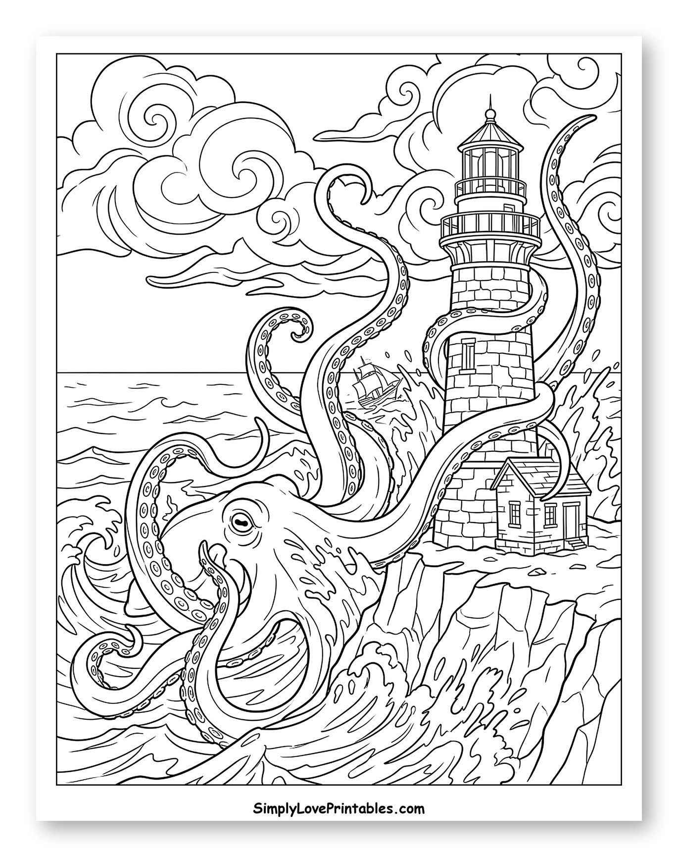 Kraken Attacking Lighthouse on Stormy Sea