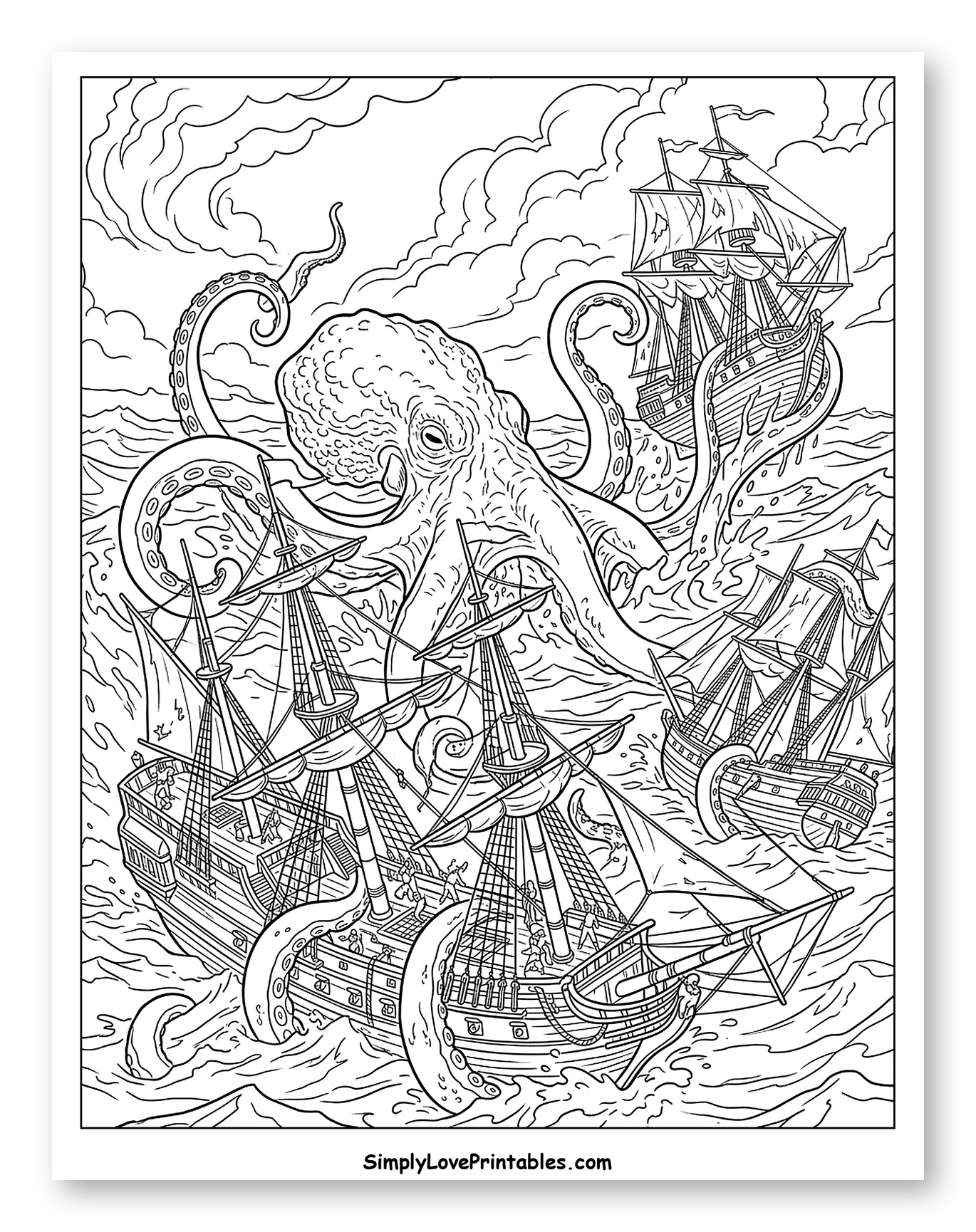 Kraken Battles Sailing Ships on Rough Waters