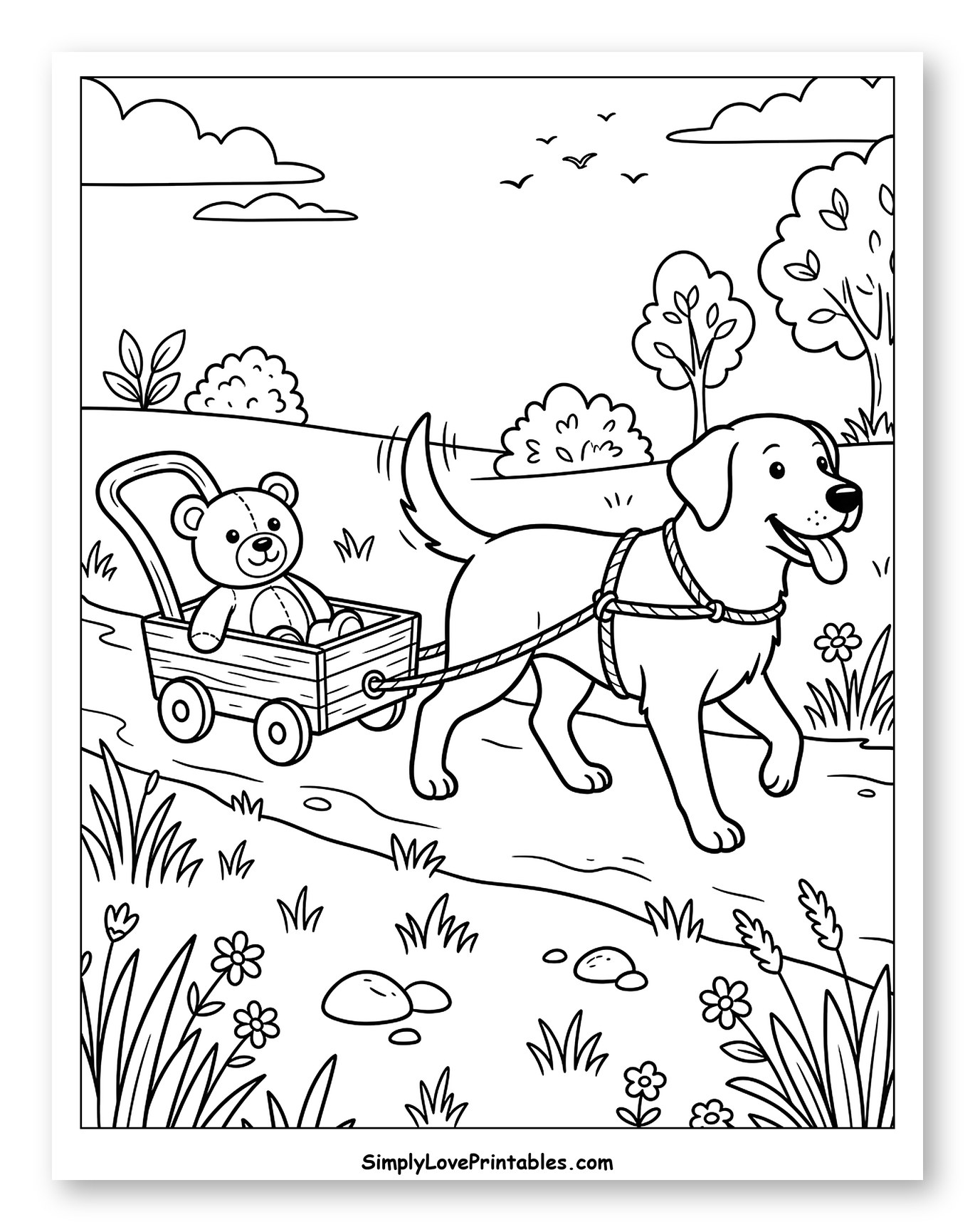 Labrador Dog Pulling Teddy Bear in Wagon