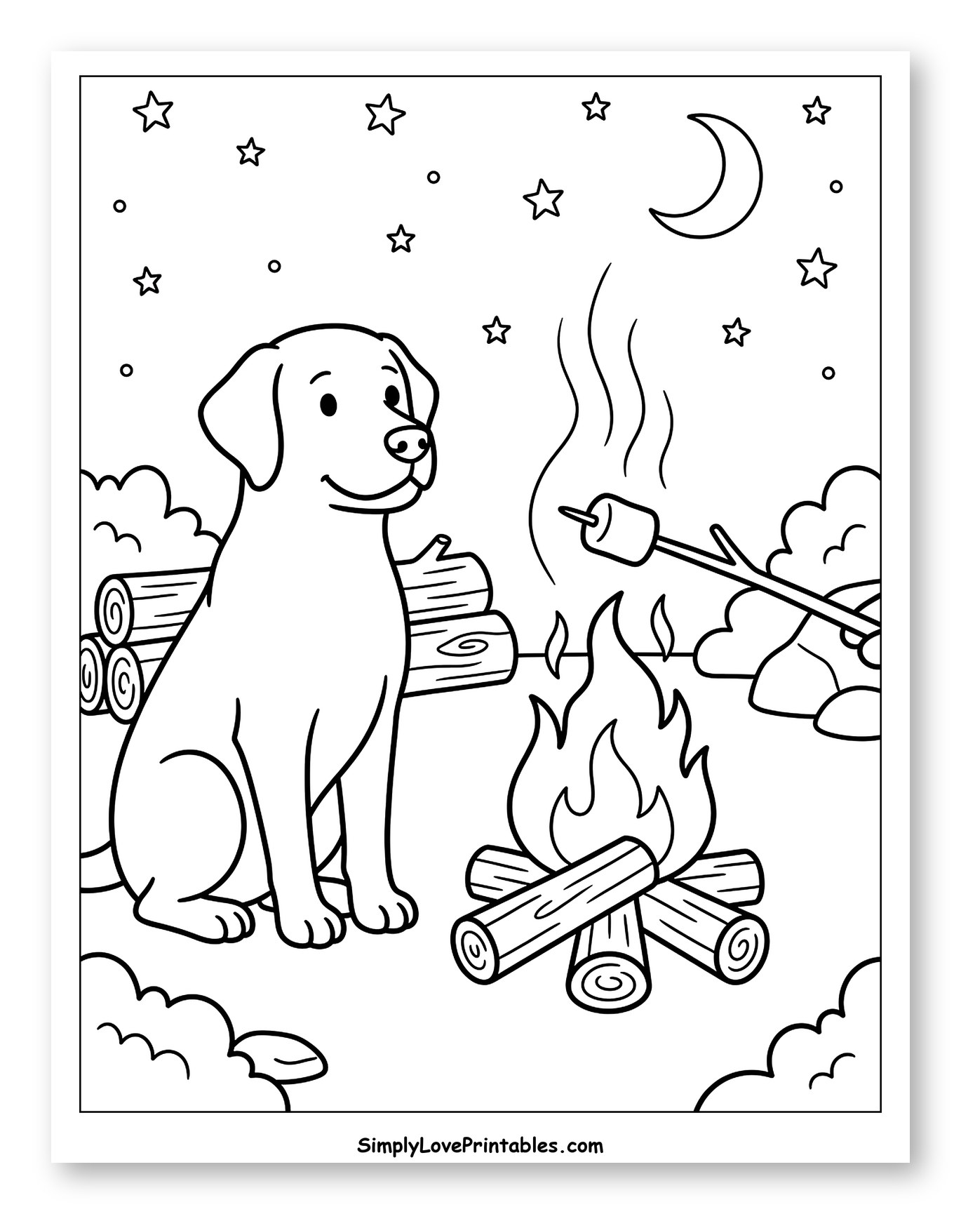 Labrador Dog Roasting Marshmallow at Campfire to Color for Kids