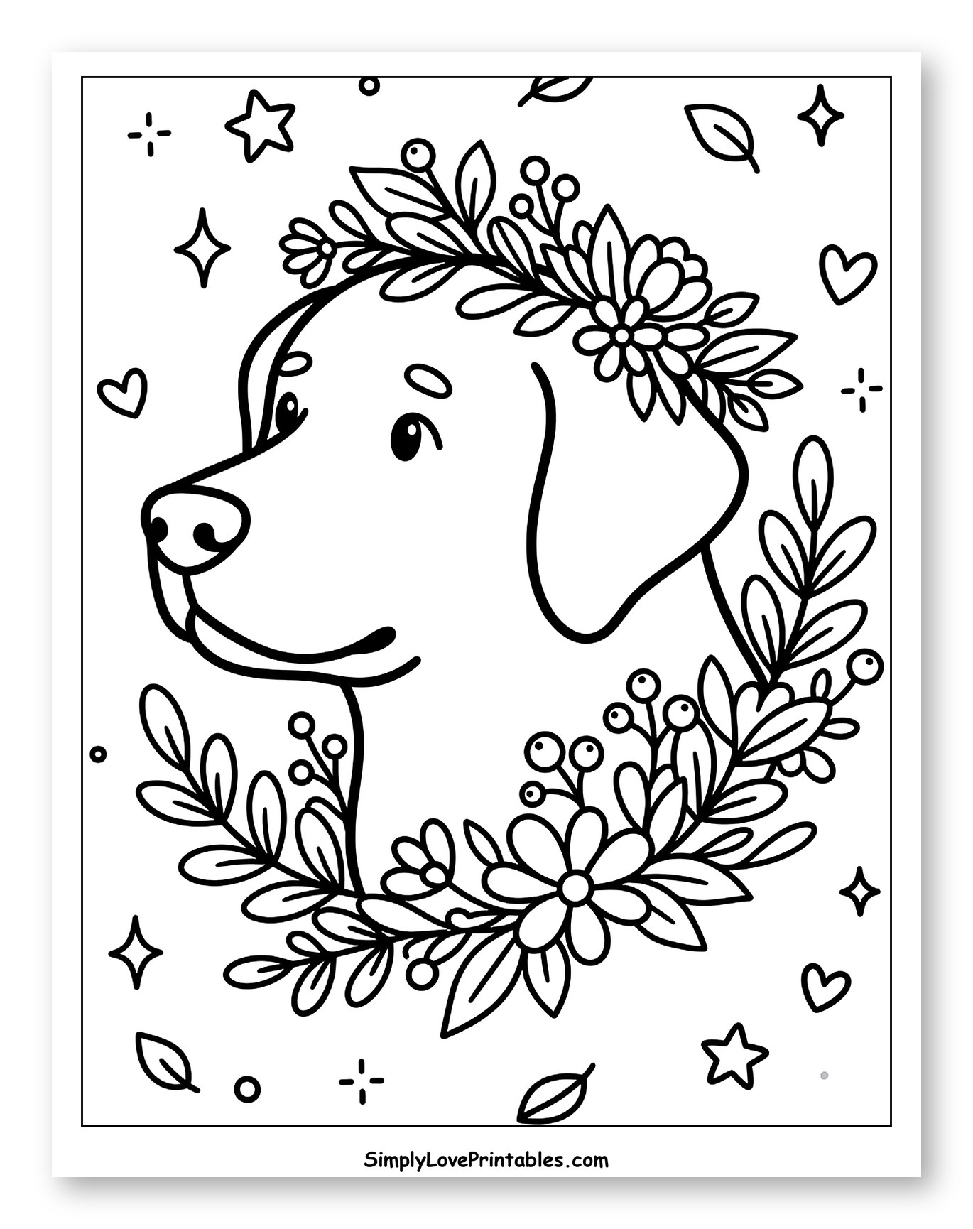Labrador Dog Wearing Floral Wreath Coloring Sheet for Adults