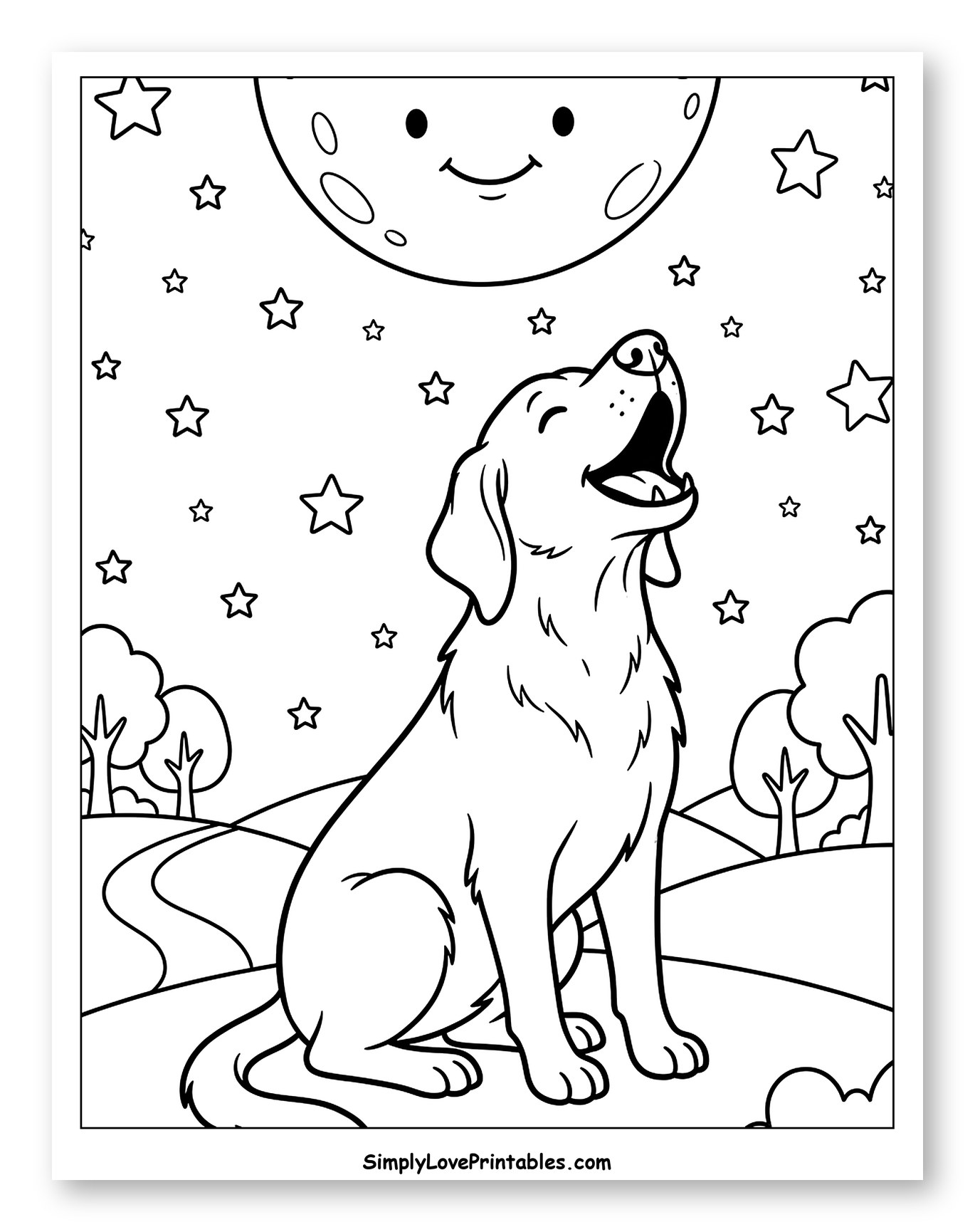 Labrador Howling at a Friendly Moon and Stars to Color for Kids