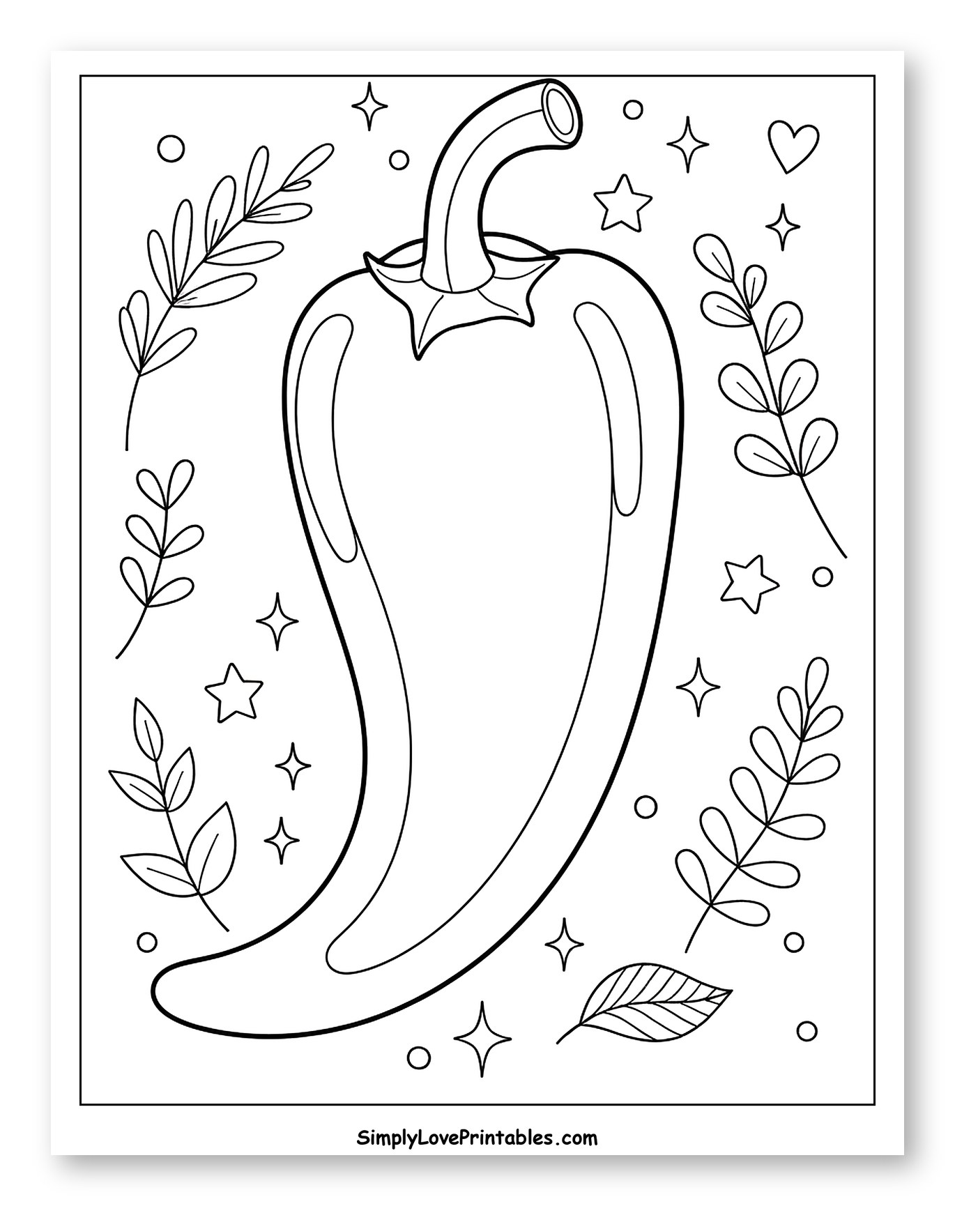 Large Chili Pepper with Leaves and Stars Coloring Page for Adults