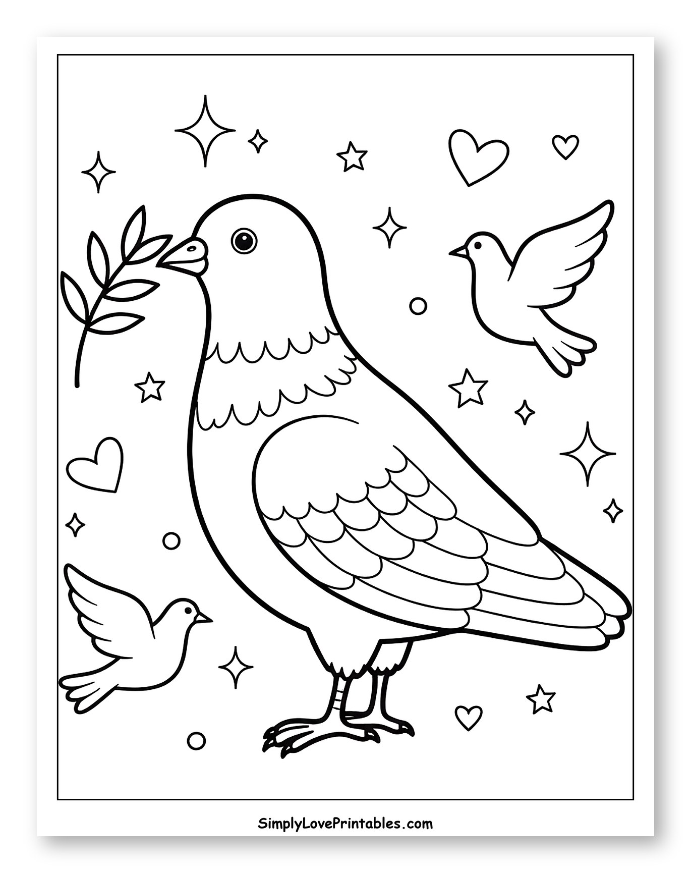 Large Dove with Olive Branch and Small Doves Coloring Page for Adults