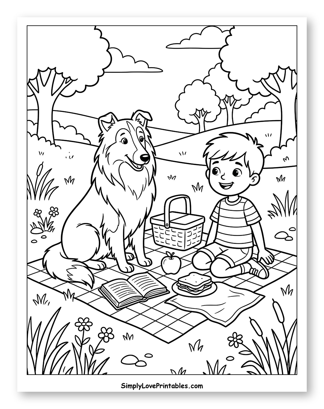 Lassie Dog and Boy Enjoying a Picnic Coloring Sheet for Kids