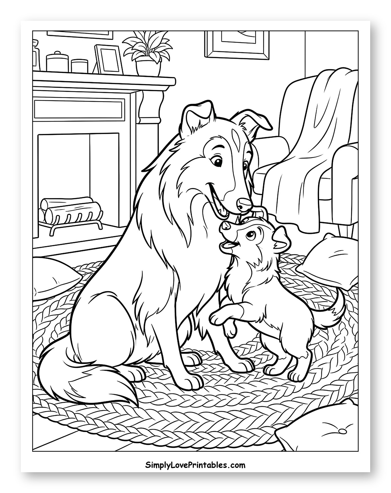 Lassie Dog and Puppy Playing Indoors to Color for Kids