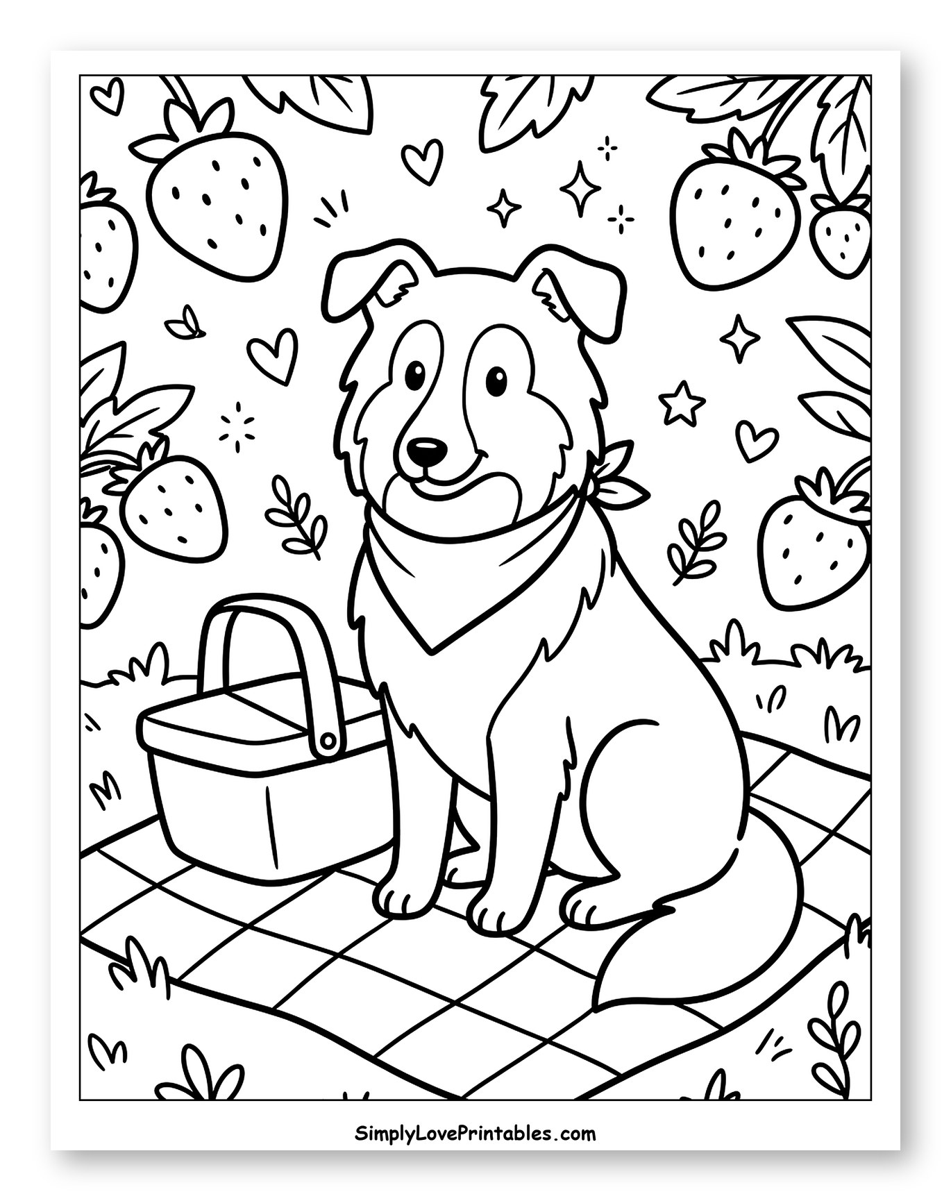 Lassie Dog at a Strawberry Picnic to Color for Adults