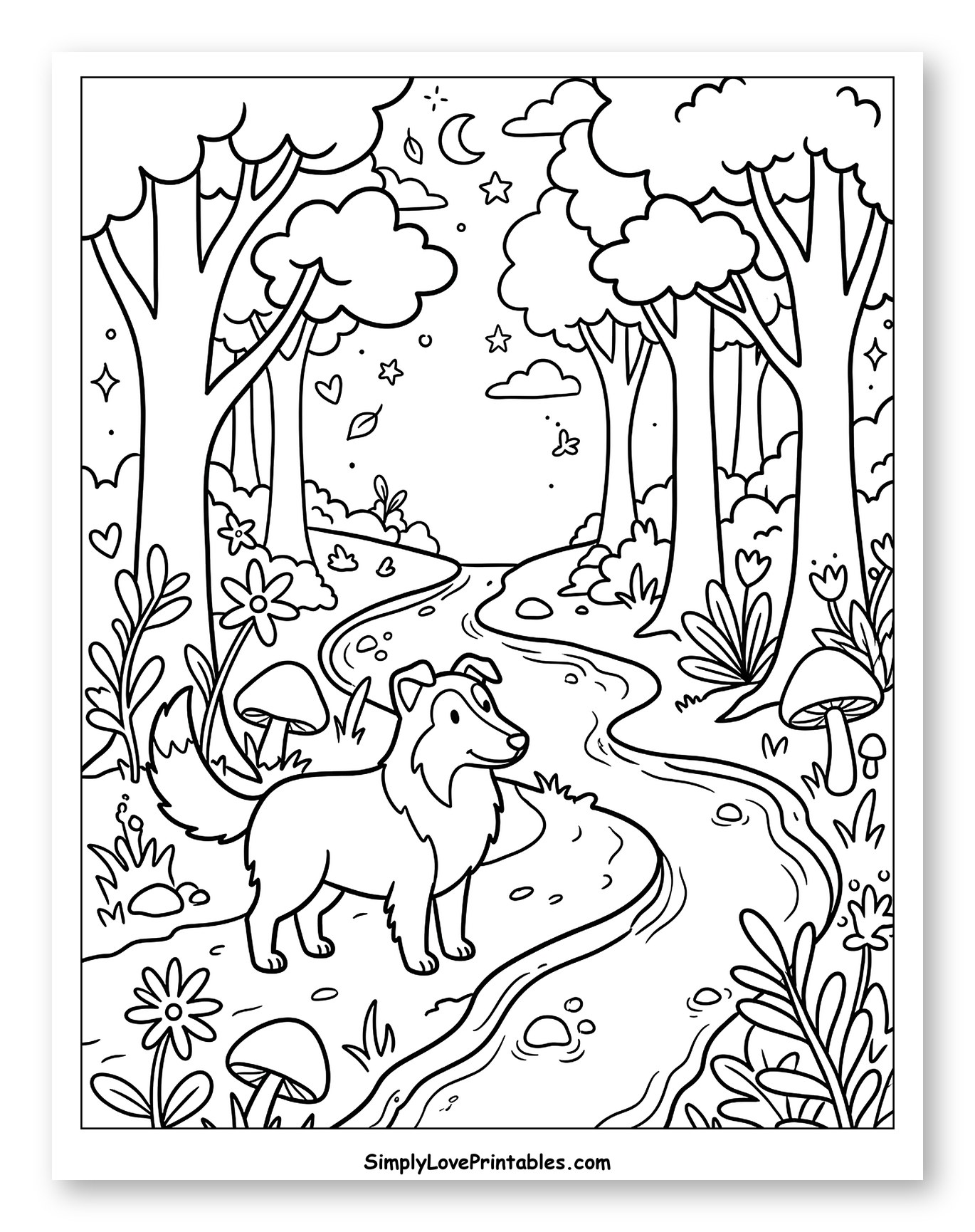 Lassie Dog by Forest River at Night Coloring Page for Adults