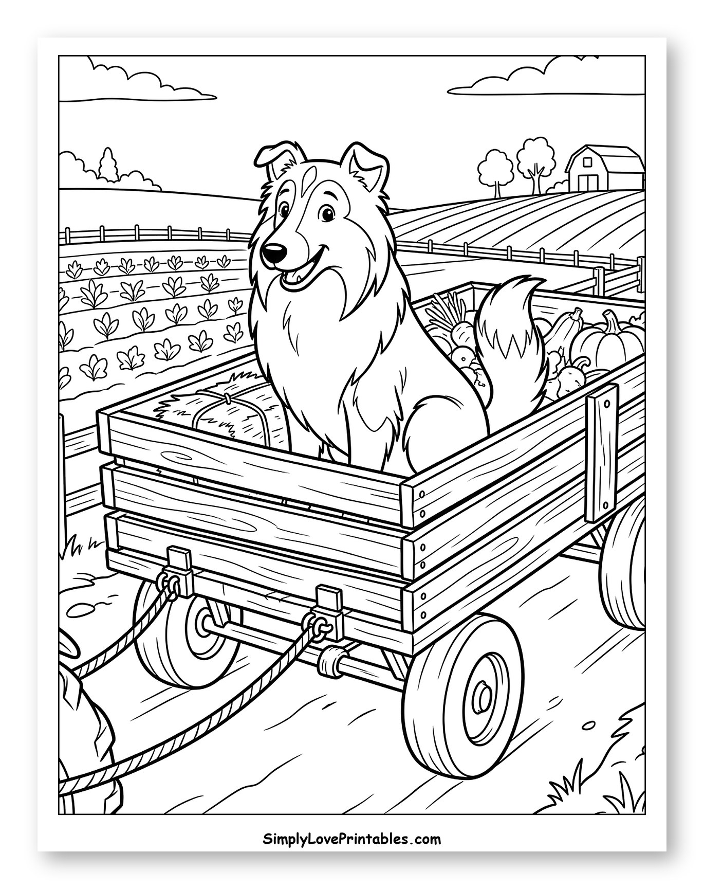 Lassie Dog in Farm Wagon with Harvest