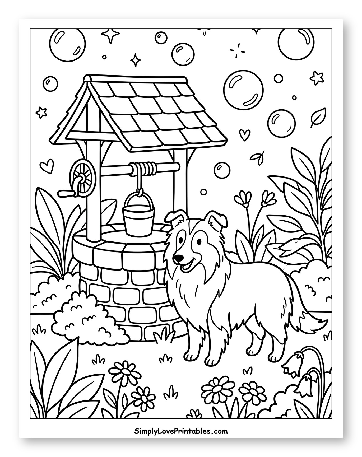 Lassie Dog Next to a Well with Flowers Coloring Page for Adults