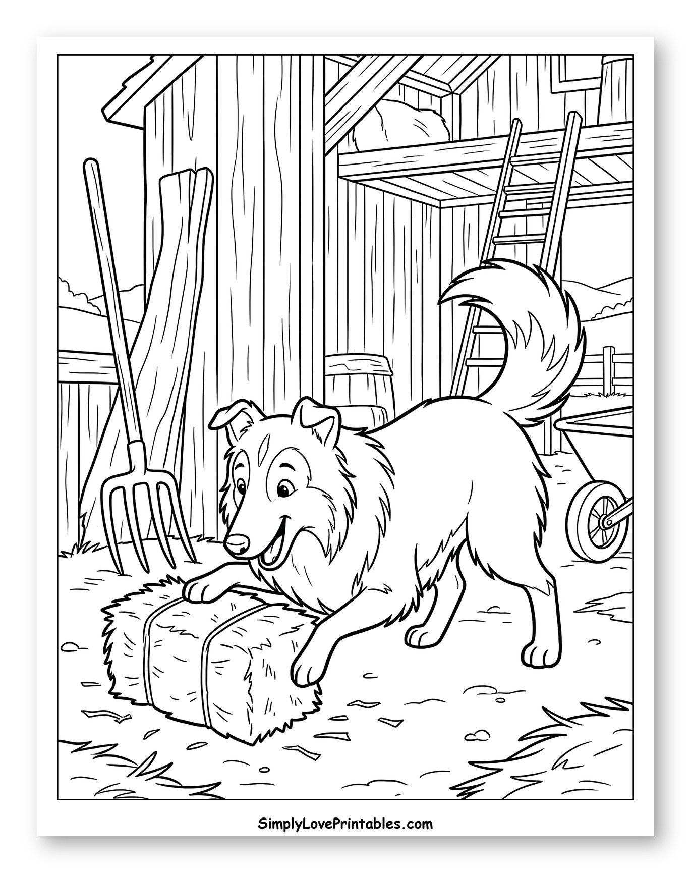 Lassie Dog Pushing Hay Bale by a Barn