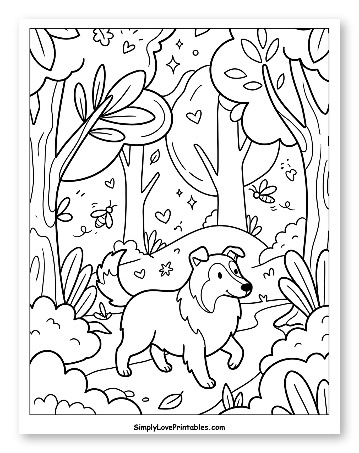 Lassie Dog Walking Through a Whimsical Forest to Color for Adults