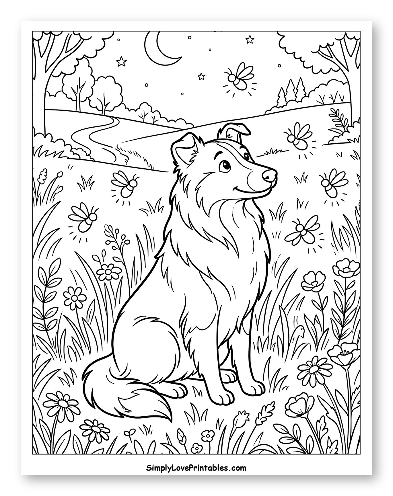 Lassie Dog Watching Fireflies at Night Coloring Page for Kids