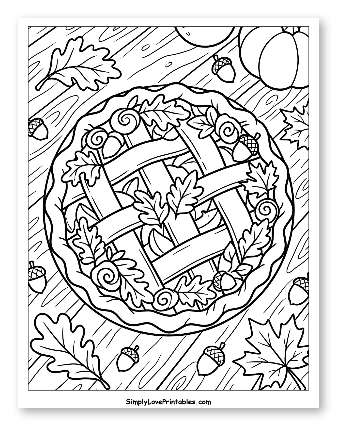 Lattice Top Pie with Autumn Leaves and Acorns to Color for Kids