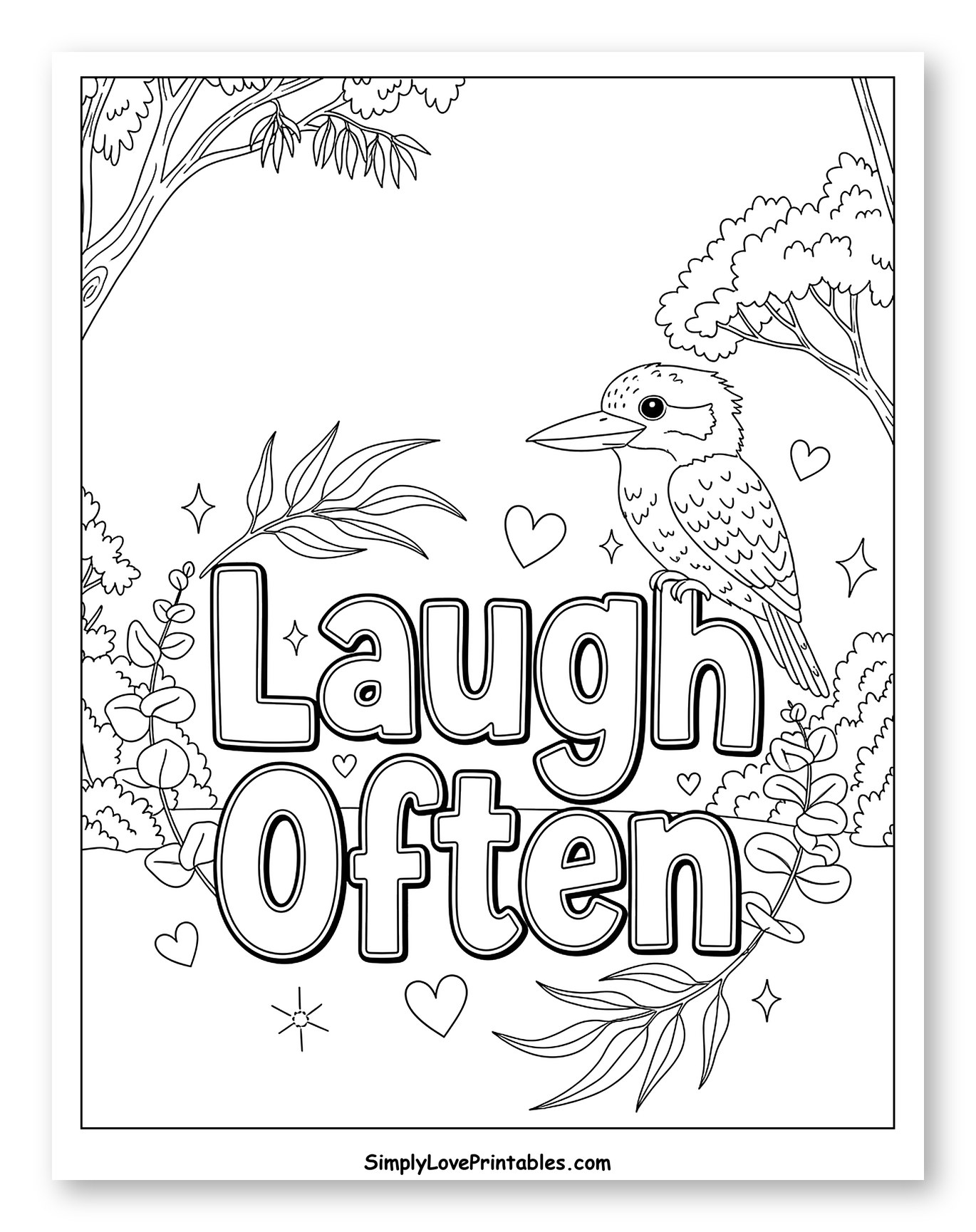 Laugh Often Kookaburra in a Forest Coloring Page for Adults