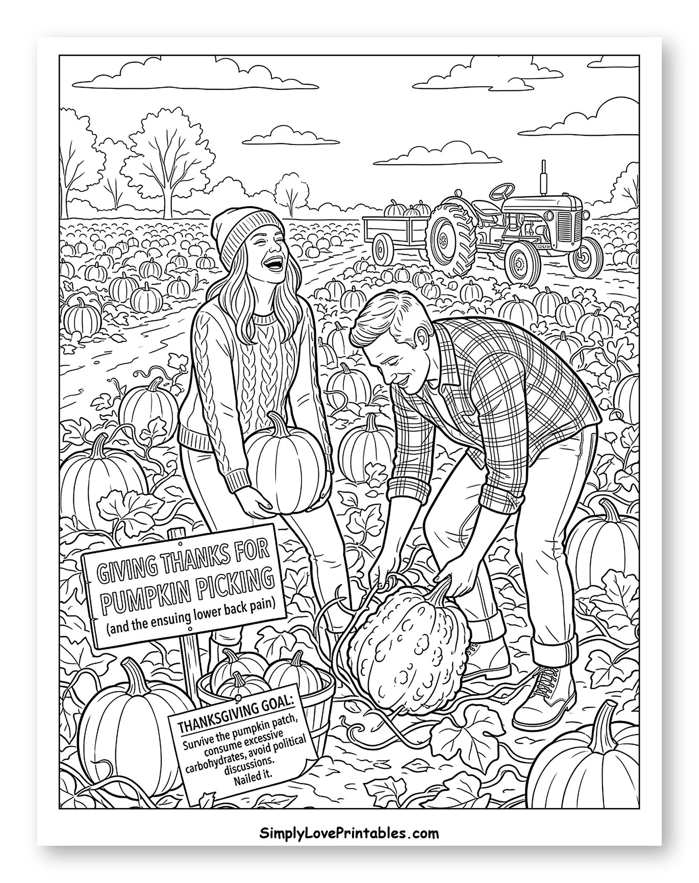 Laughing Couple Harvesting Pumpkins in a Field